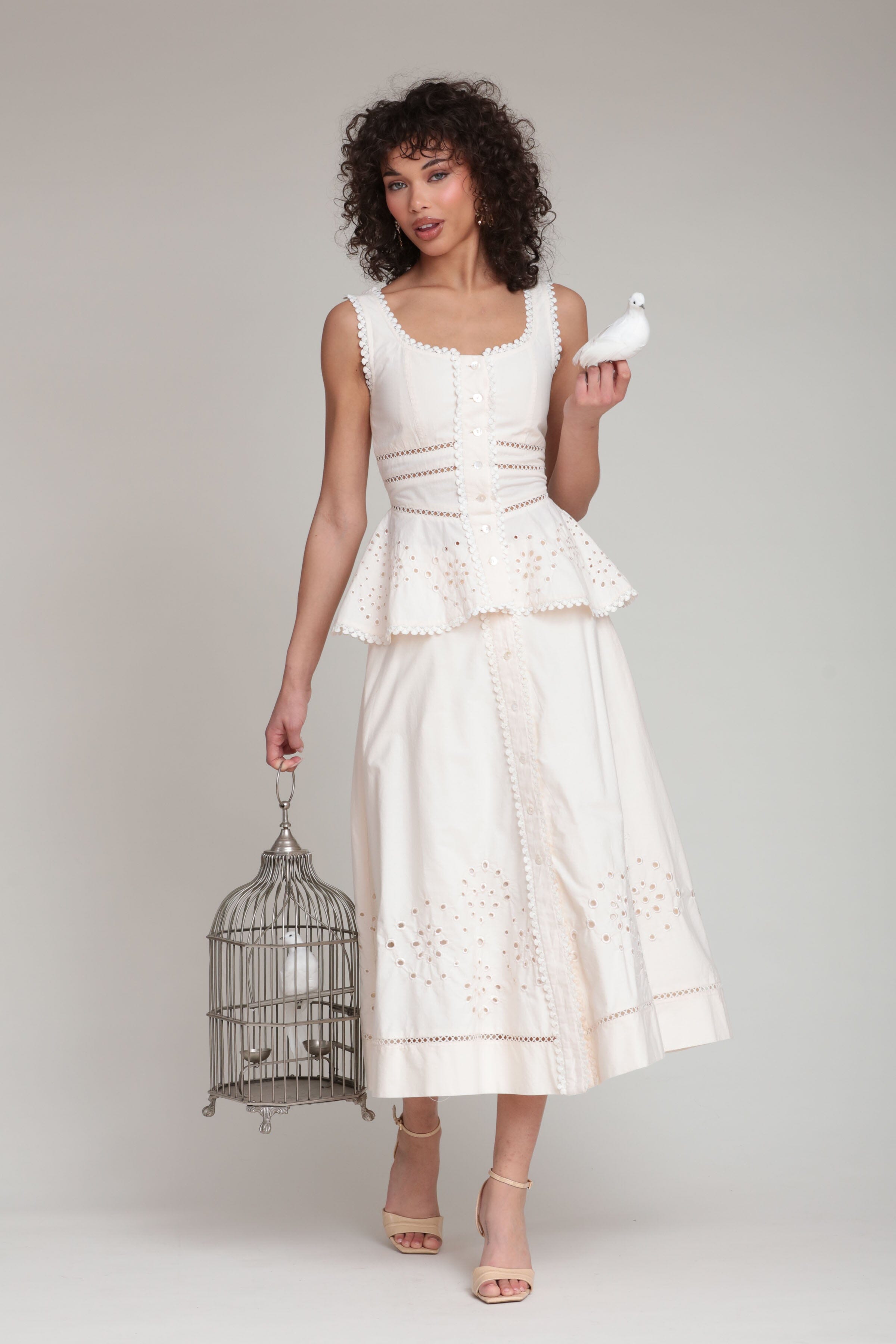 Cotton embroidered button-front white midi skirt with white peplum top - Shop women's cute skirts by Avec Les Filles