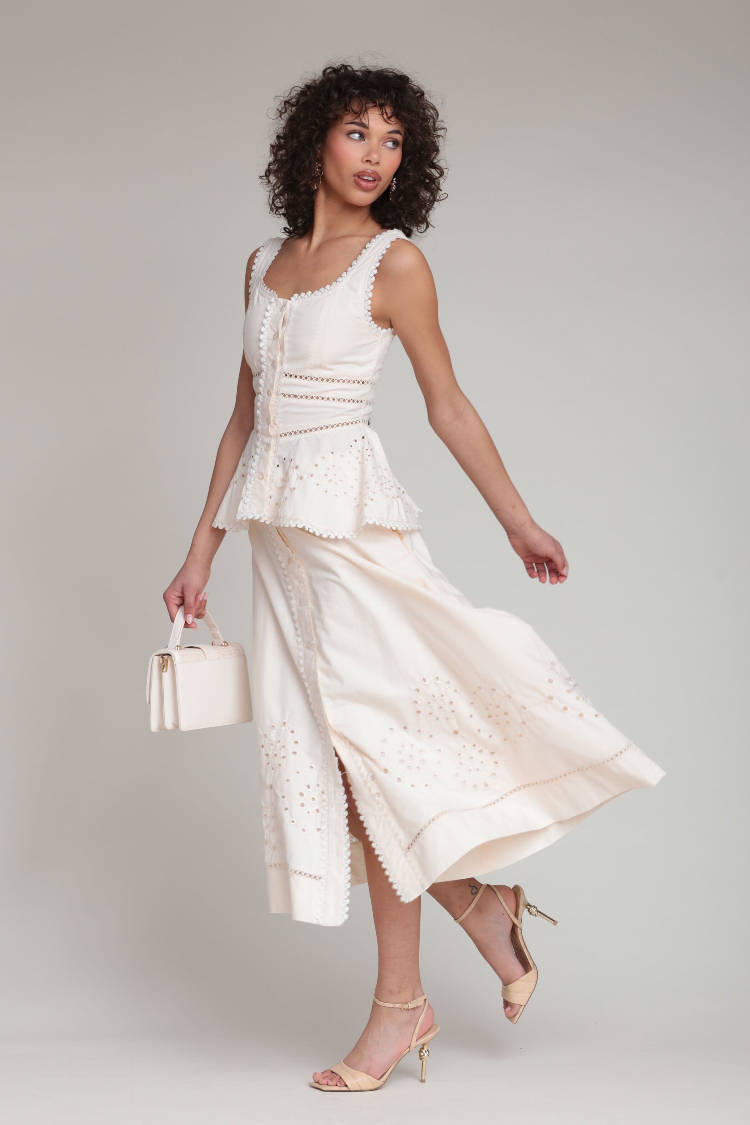 Cotton embroidered button-front white midi skirt with peplum top - Shop women's cute midi skirts by Avec Les Filles