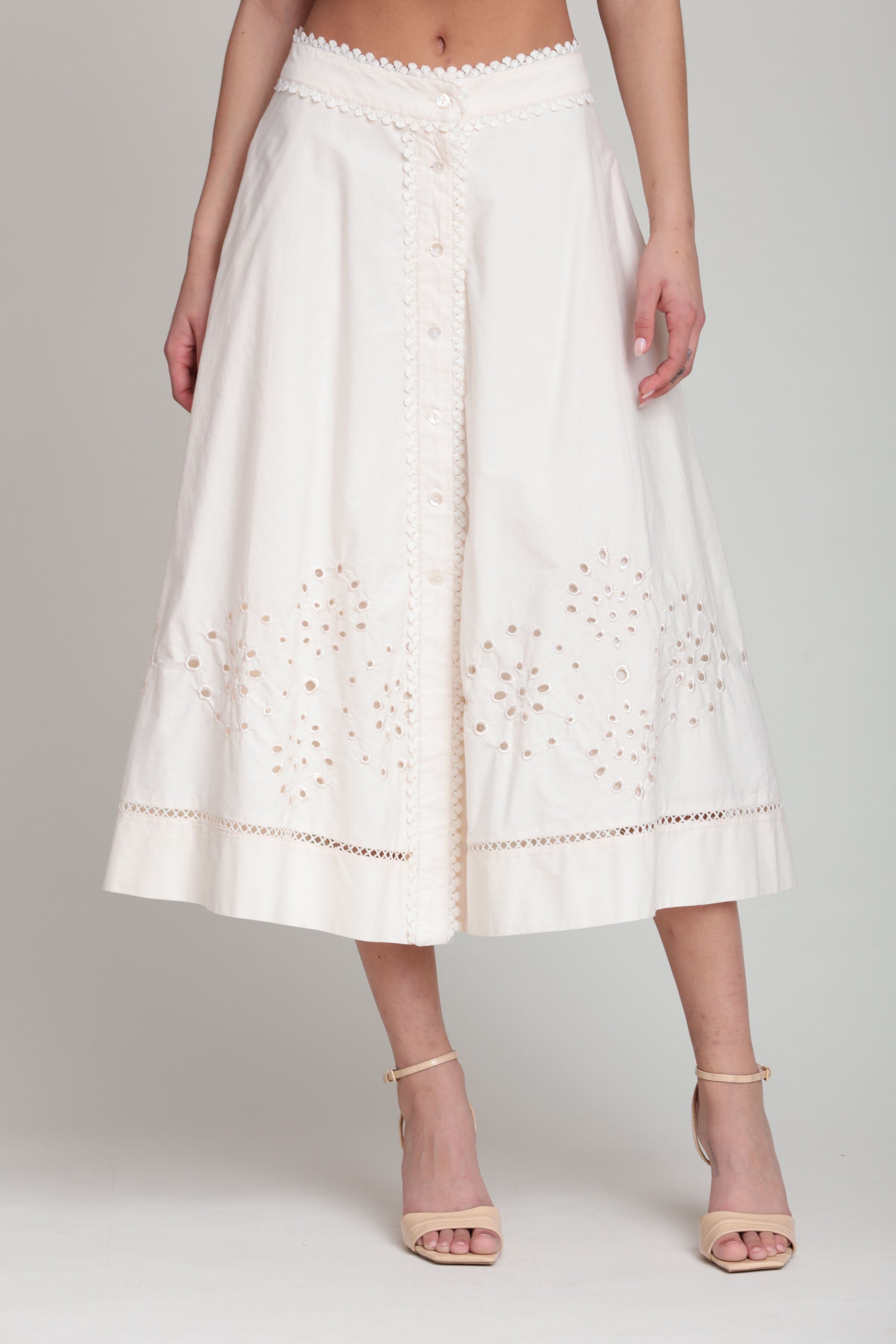Cotton embroidered button-front white midi skirt - Shop designer women's cute midi skirts by Avec Les Filles