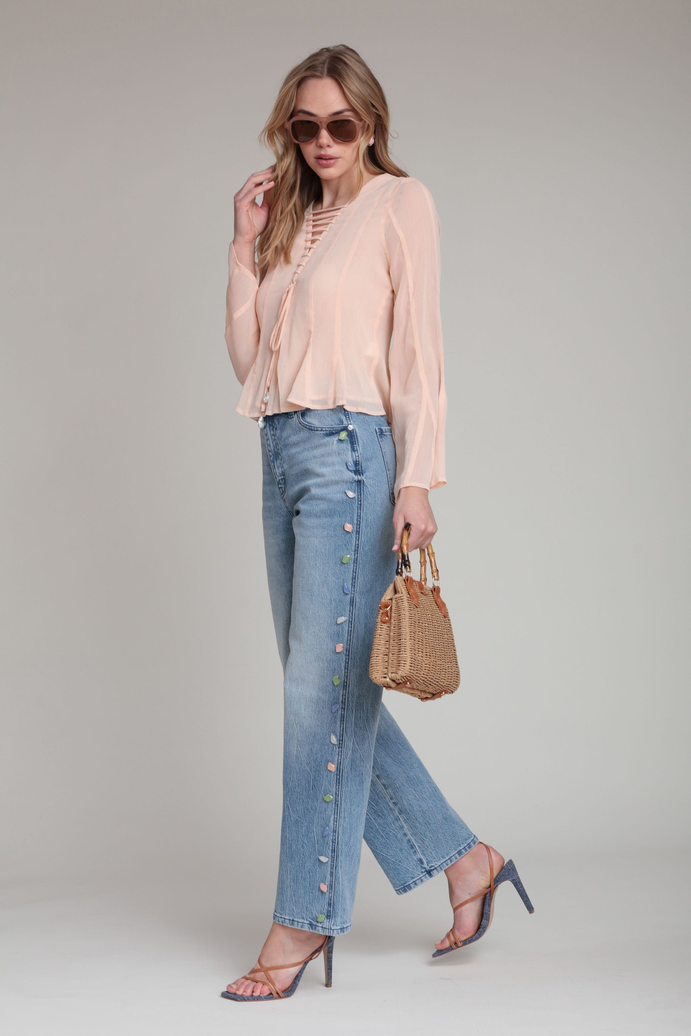 Stone embellished cotton denim wide leg pants with mid-rise waist - Shop women's wide leg dress pants by Avec Les Filles