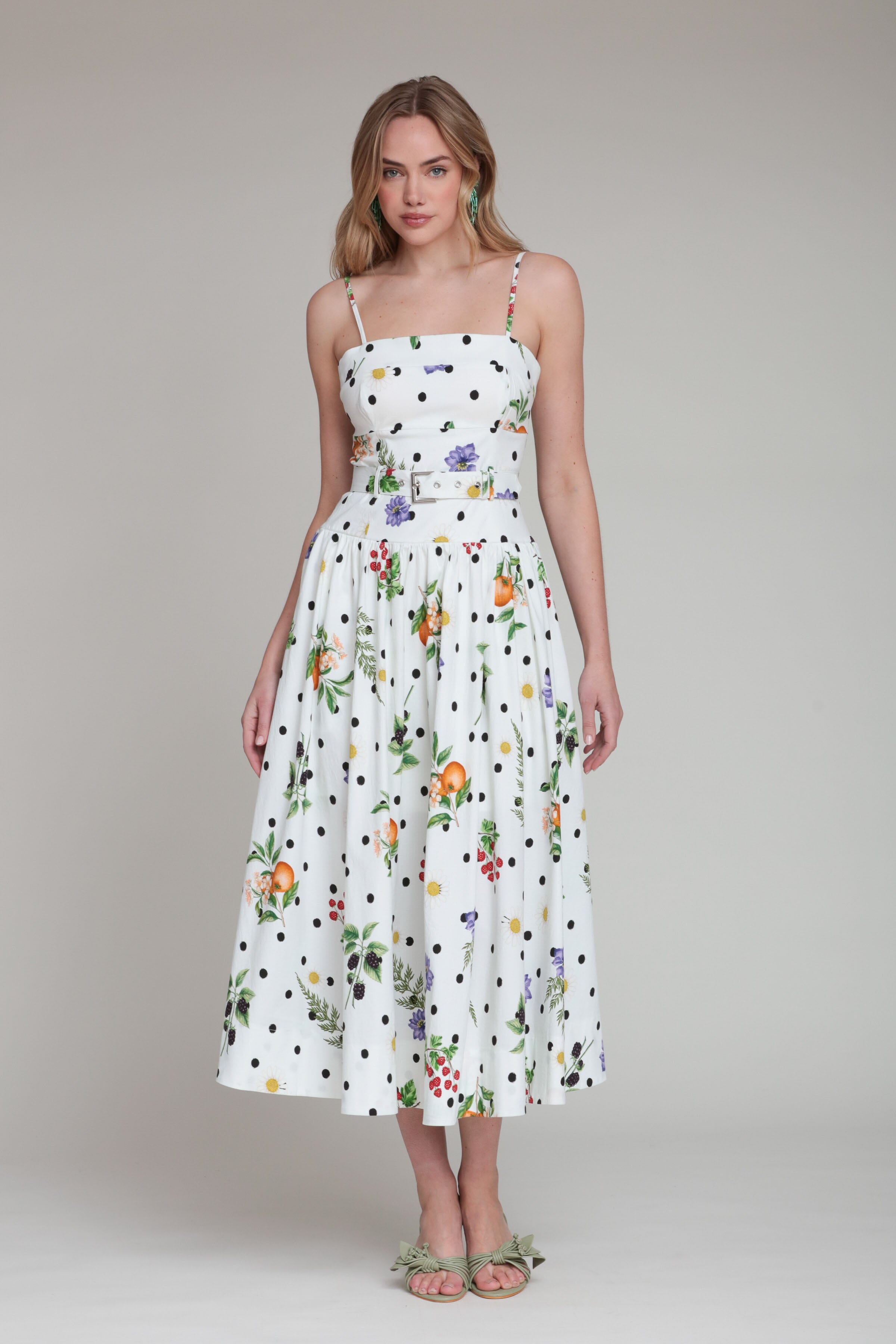 Belted white floral polka dot midi dress with adjustable straps - Shop women's cute midi dresses by Avec Les Filles