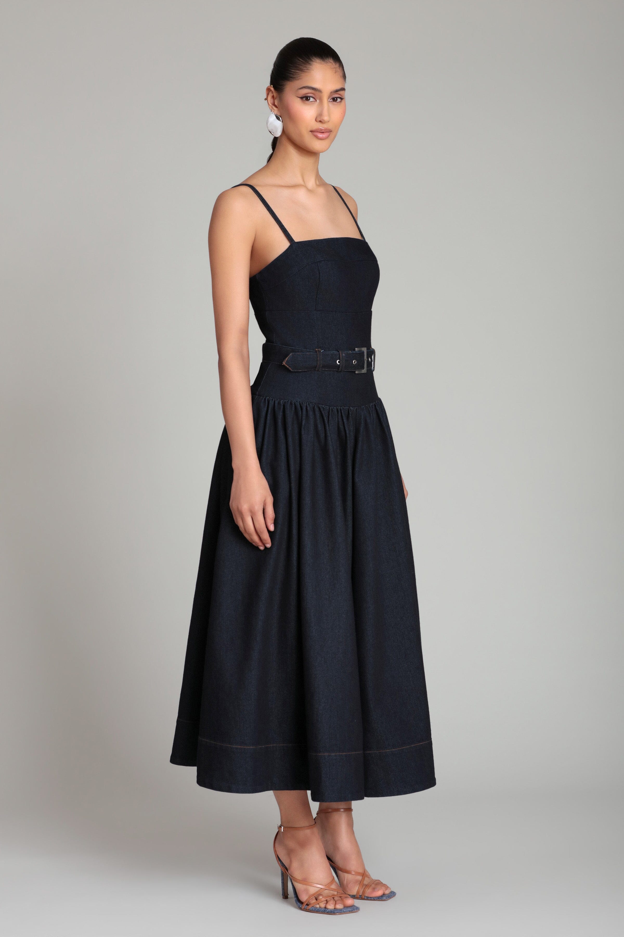 Belted Drop Waist Stretch Midi Denim Dress