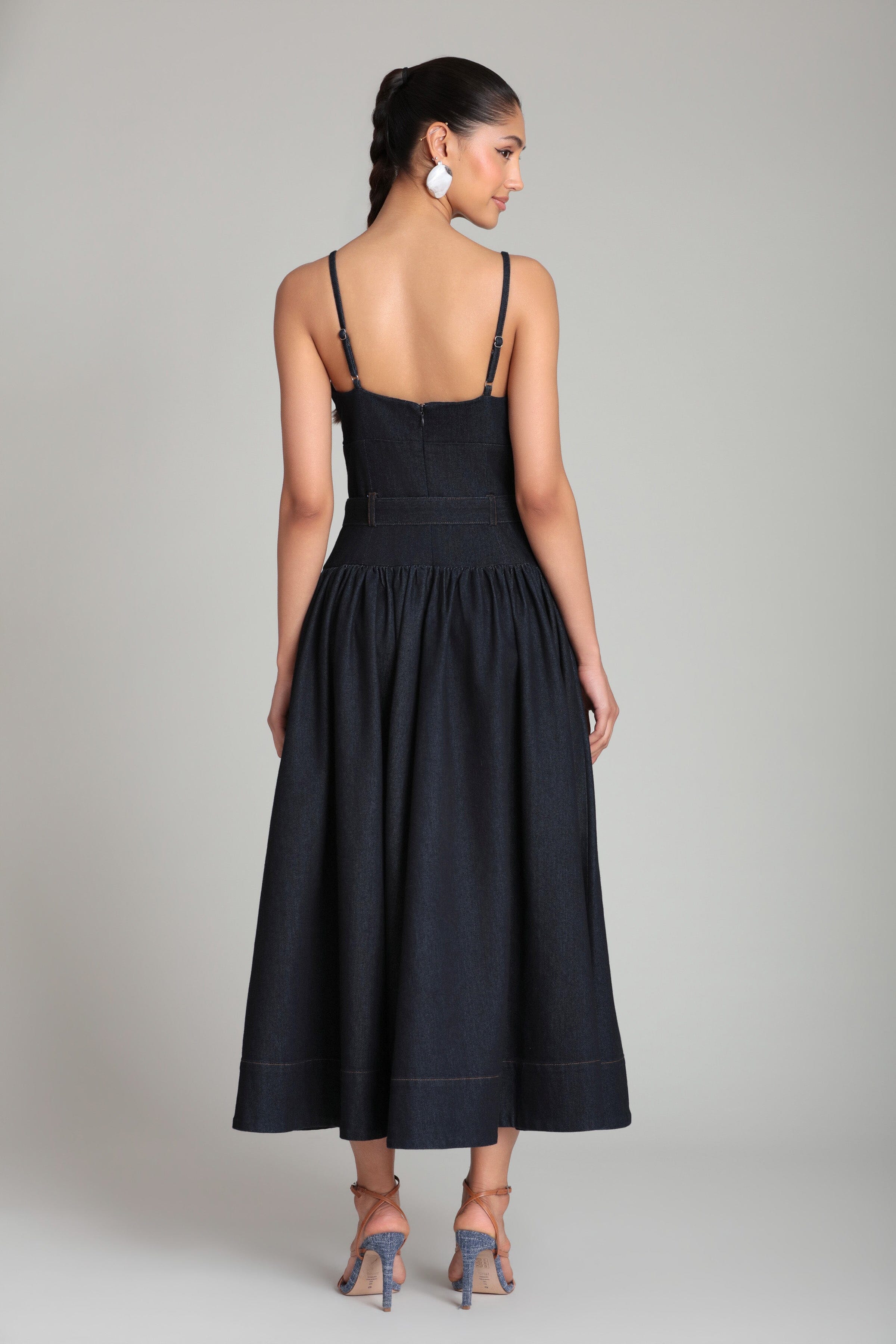 Belted Drop Waist Stretch Midi Denim Dress