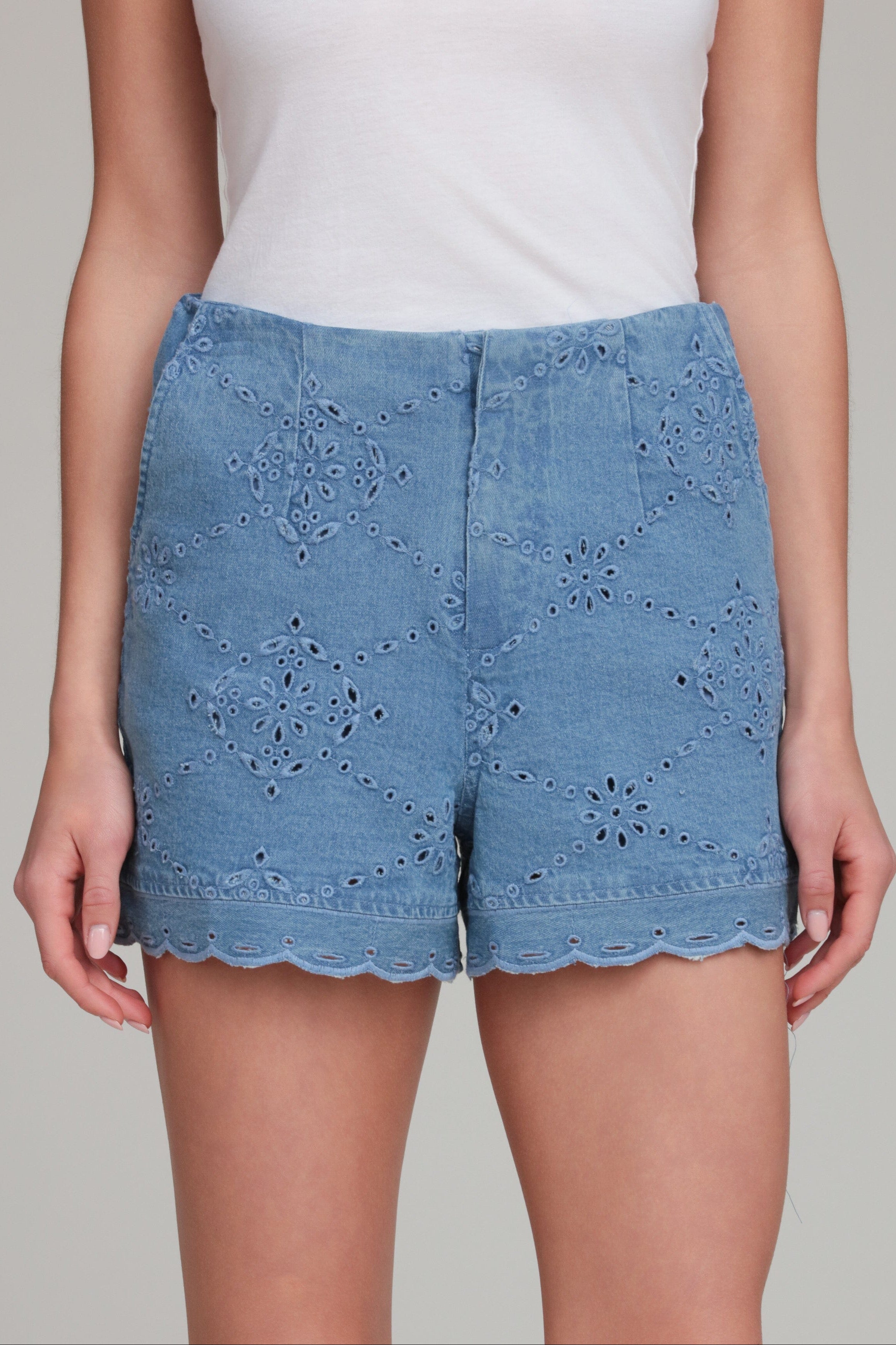 Blue embroidered denim shorts in cotton with a front zip - Shop womens denim high rise shorts by Avec Les Filles