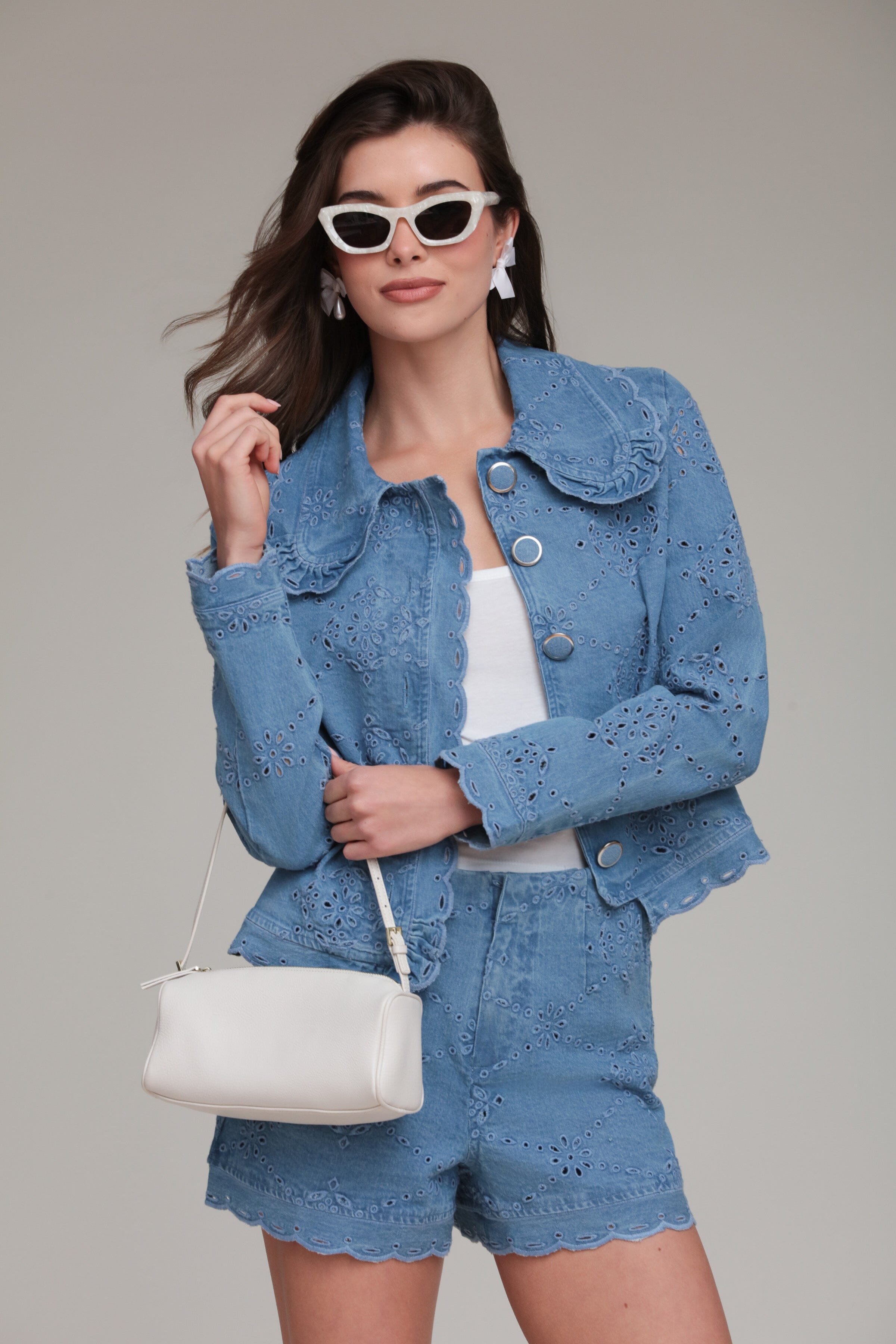 Embroidered Eyelet Blue Cropped Denim Jacket