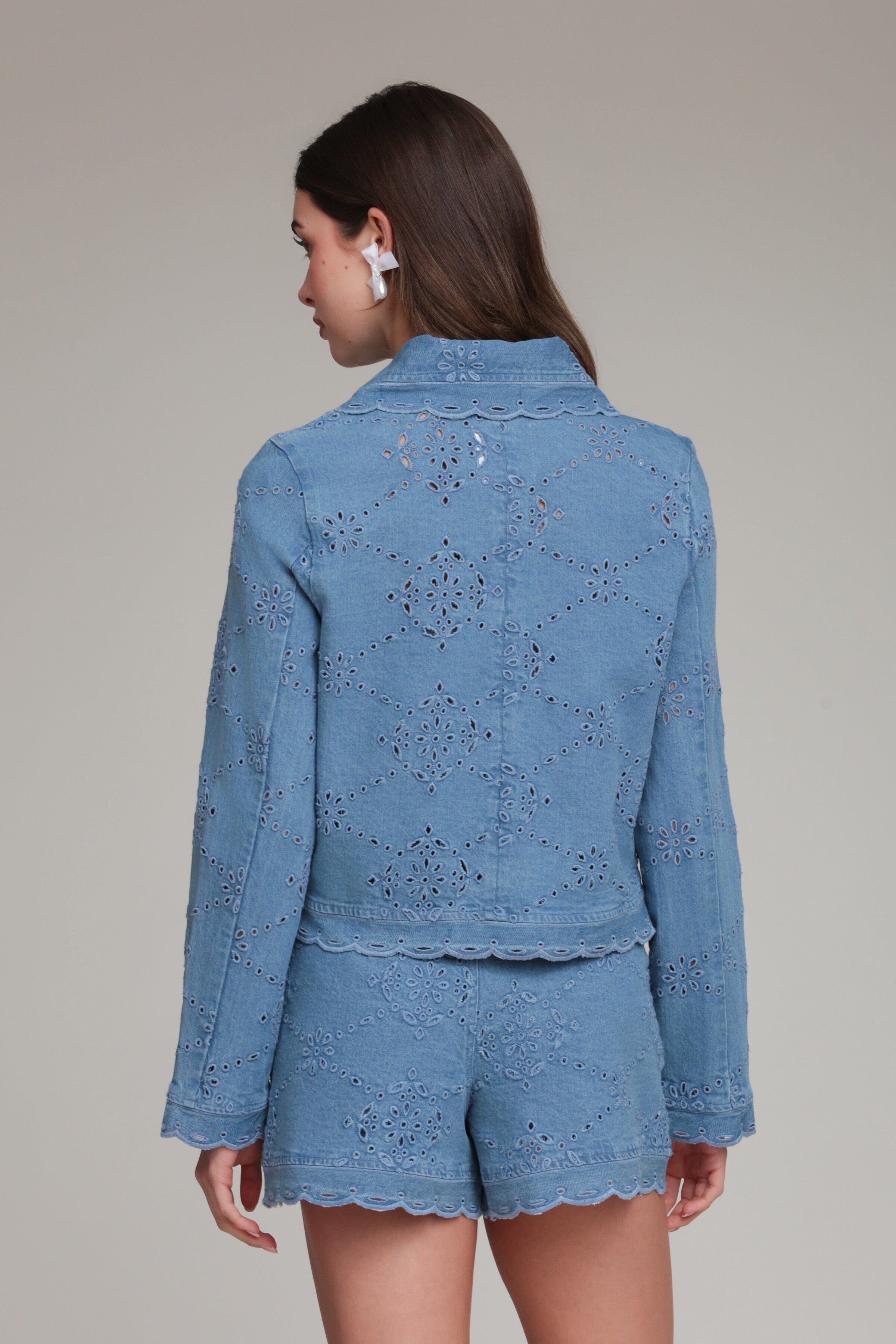 Embroidered blue denim eyelet jacket in cotton with long sleeves - Shop women's cute denim jackets by Avec Les Filles