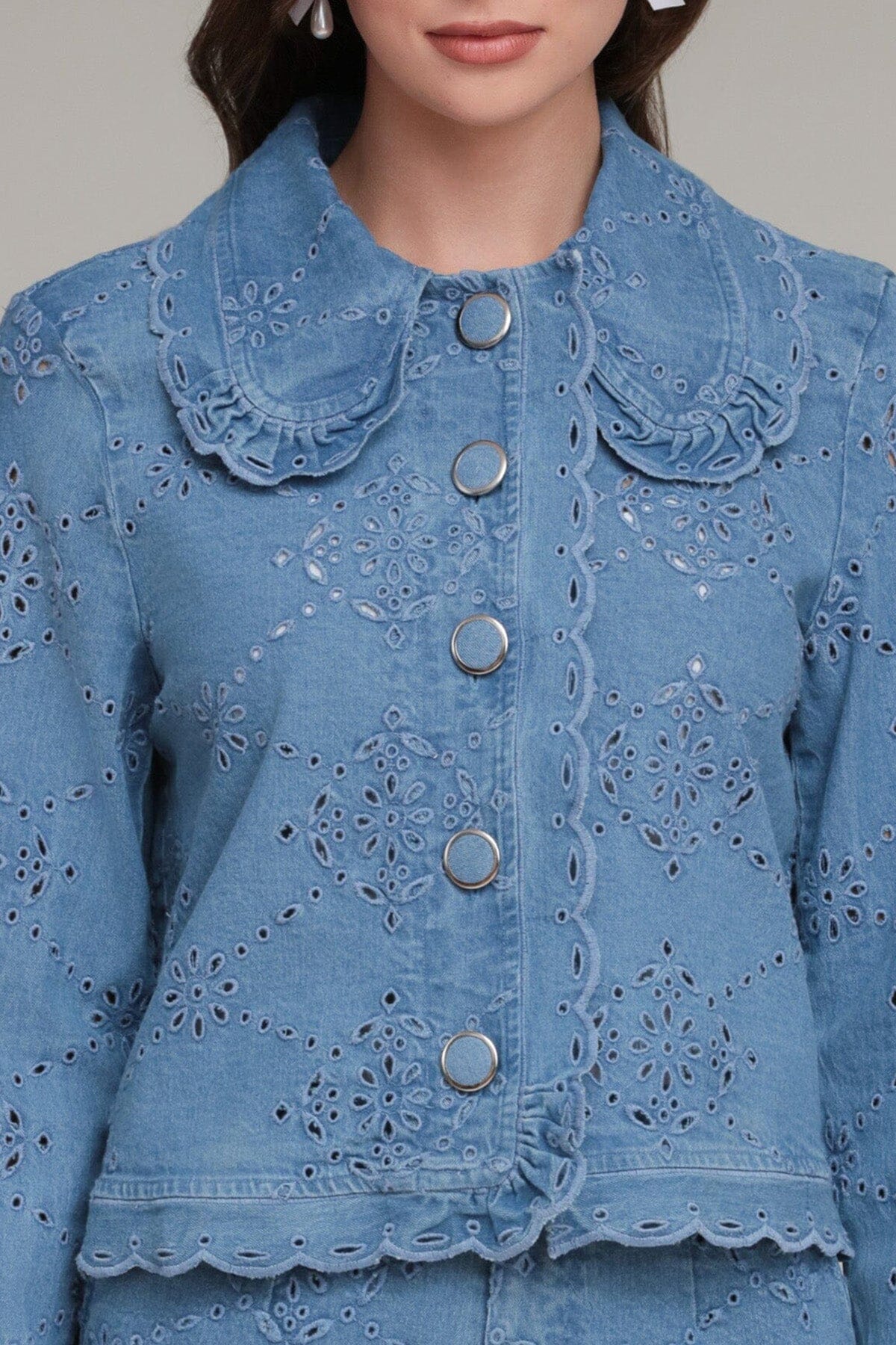 Embroidered Eyelet Blue Cropped Denim Jacket