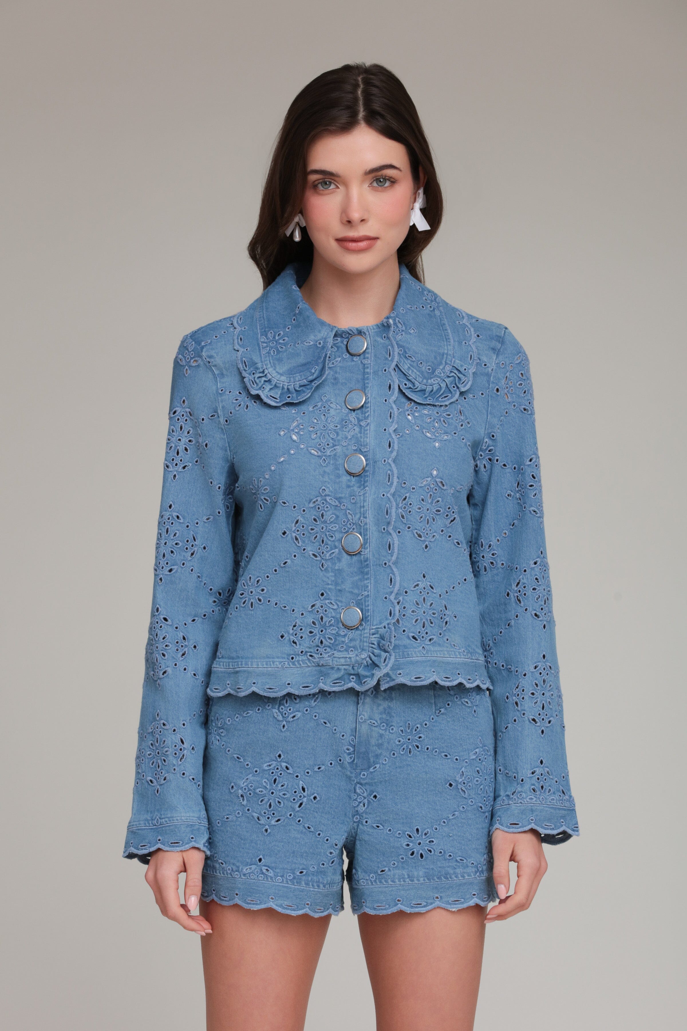 Embroidered Eyelet Blue Cropped Denim Jacket