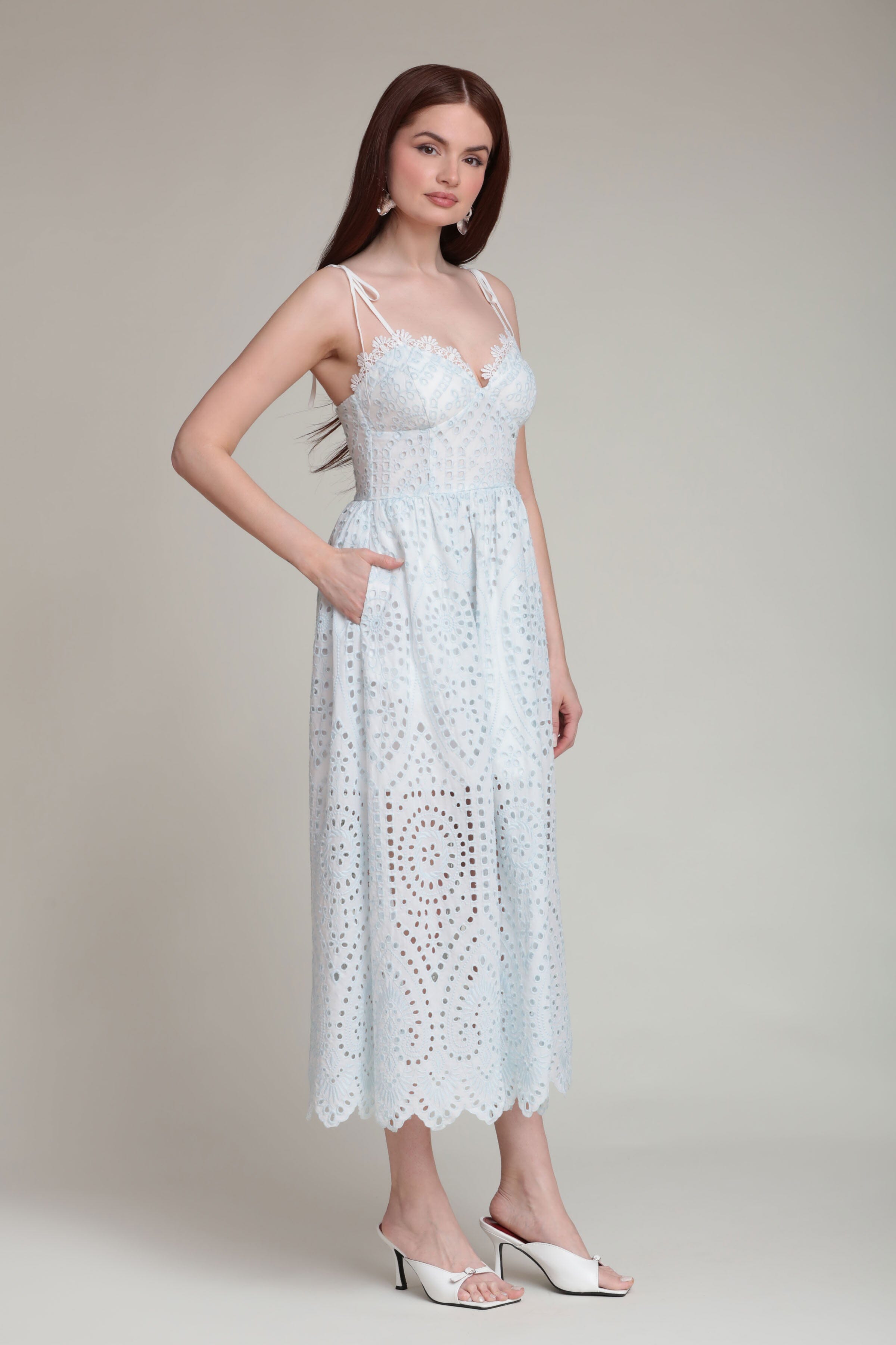 Cotton eyelet light blue midi dress with adjustable straps - Shop women's cute midi dresses by Avec Les Filles