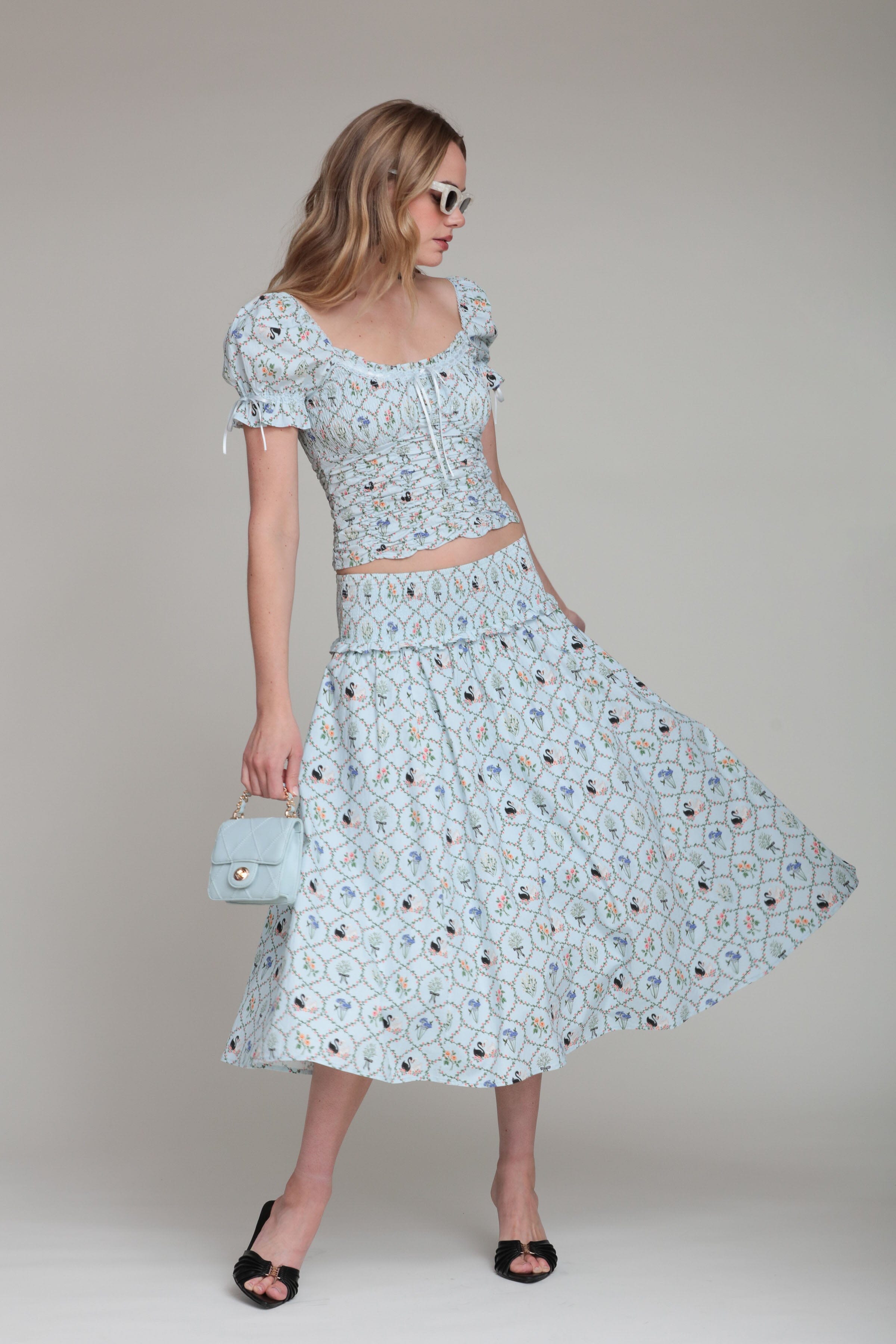 Cotton floral blue top with puff short sleeves and sweetheart neck - Shop women's cute tops by Avec Les Filles