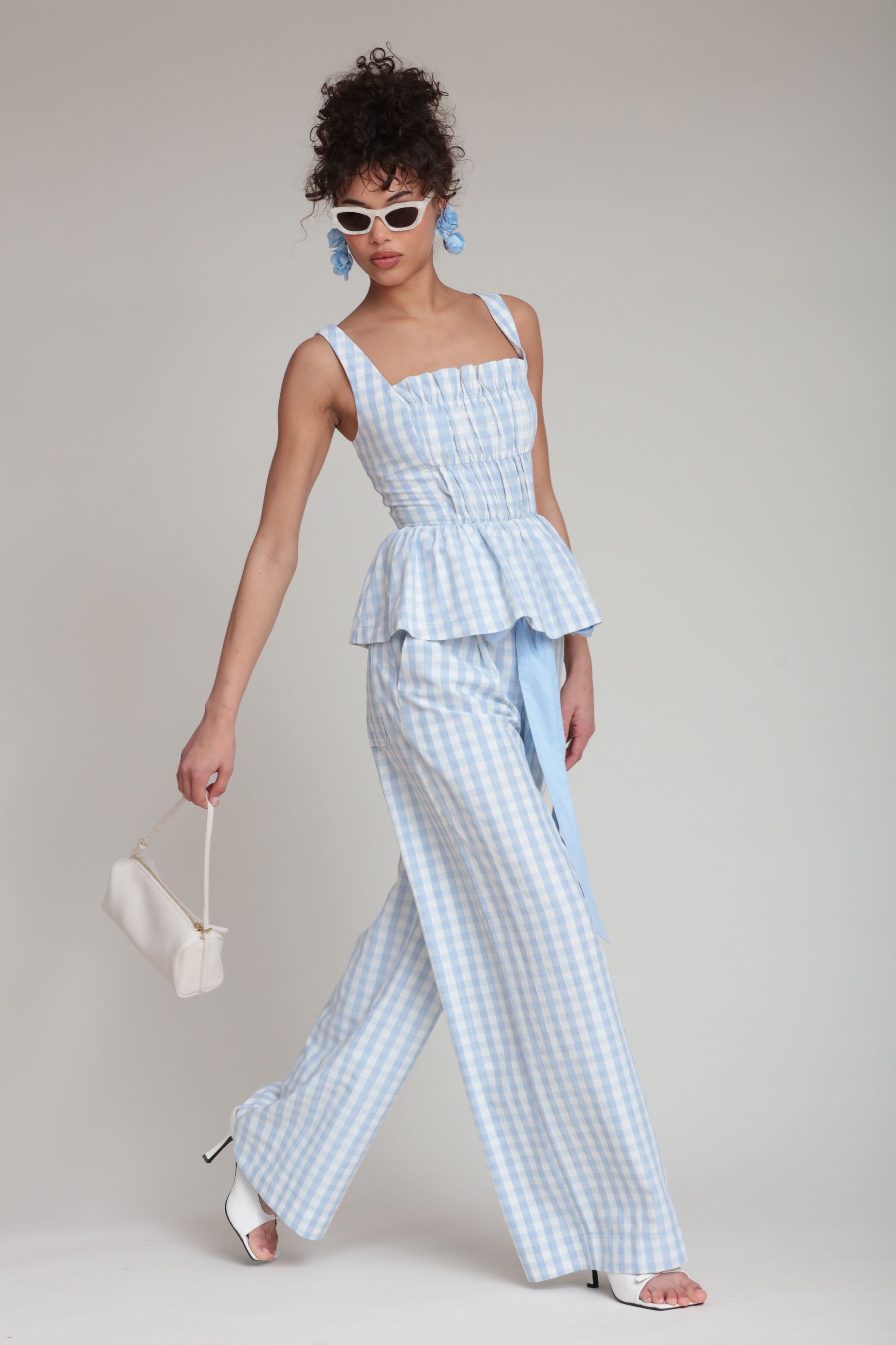 Gingham light blue peplum top with a square neck and wide shoulder straps by Avec Les Filles