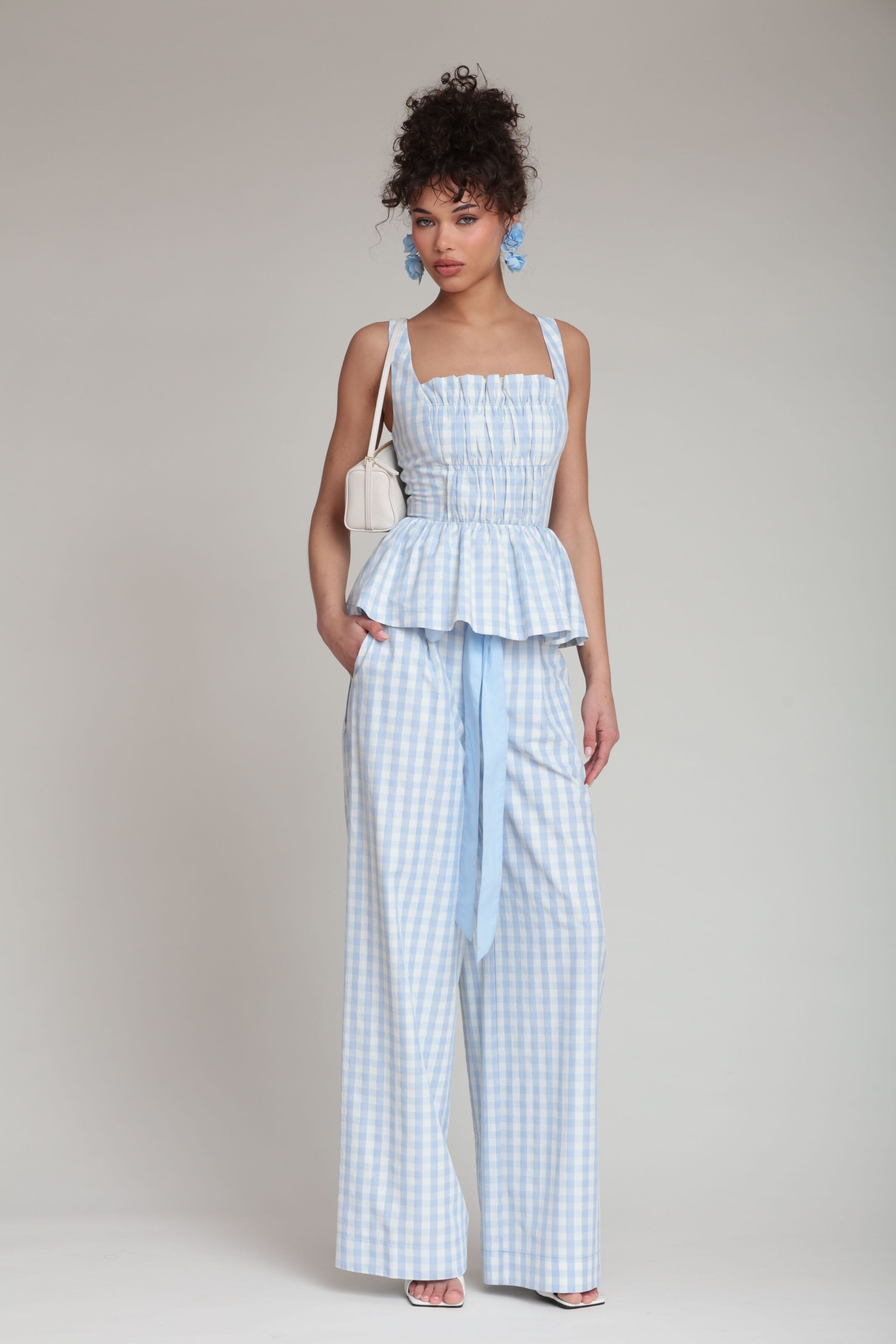 Gingham light blue peplum top with wide leg pants and shoulder straps - Shop cute peplum tops for women by Avec Les Filles