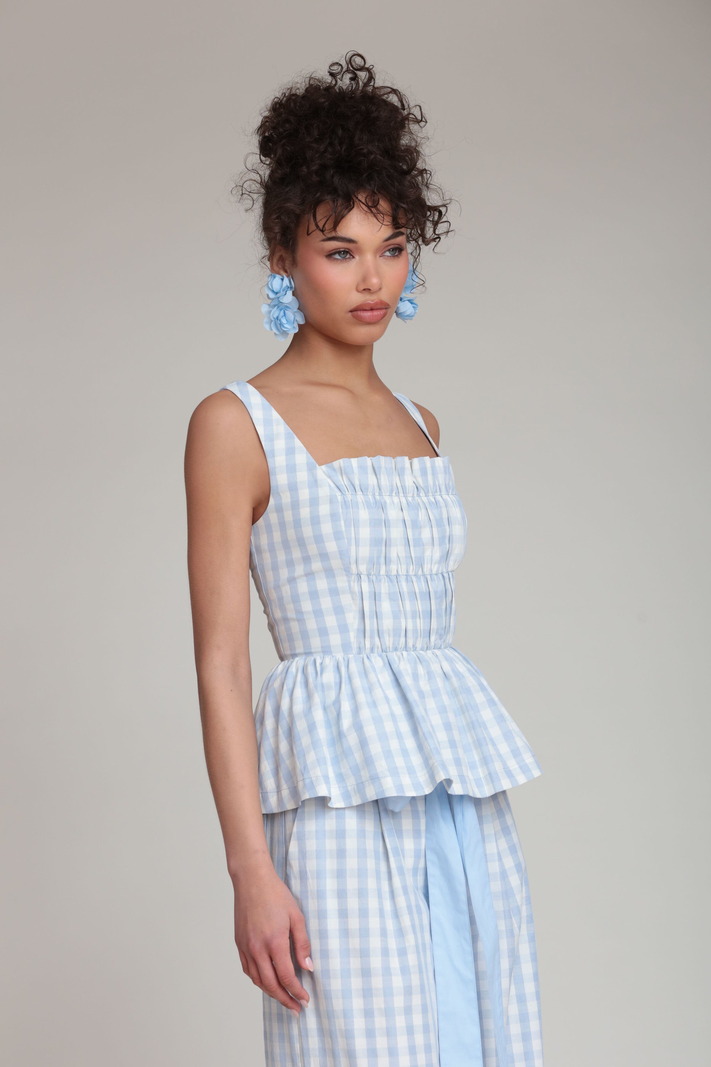 Gingham light blue womens peplum top with wide shoulder straps - Shop cute peplum tops by Avec Les Filles