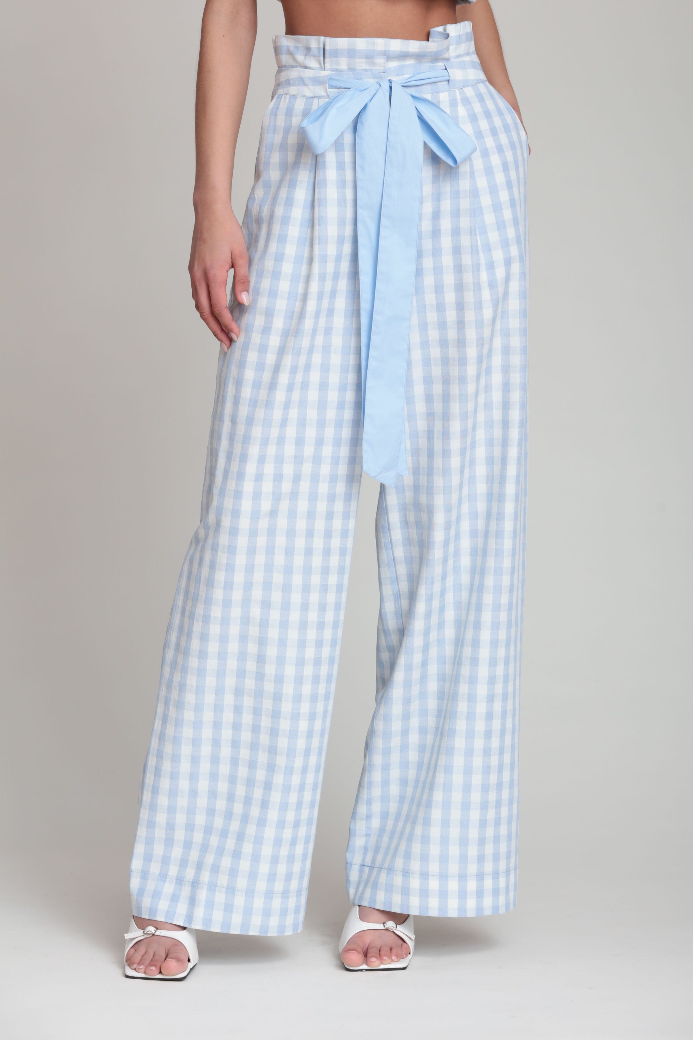 Gingham light blue wide leg pant with a high-rise and a belt - Shop women's cute wide leg pants by Avec Les Filles