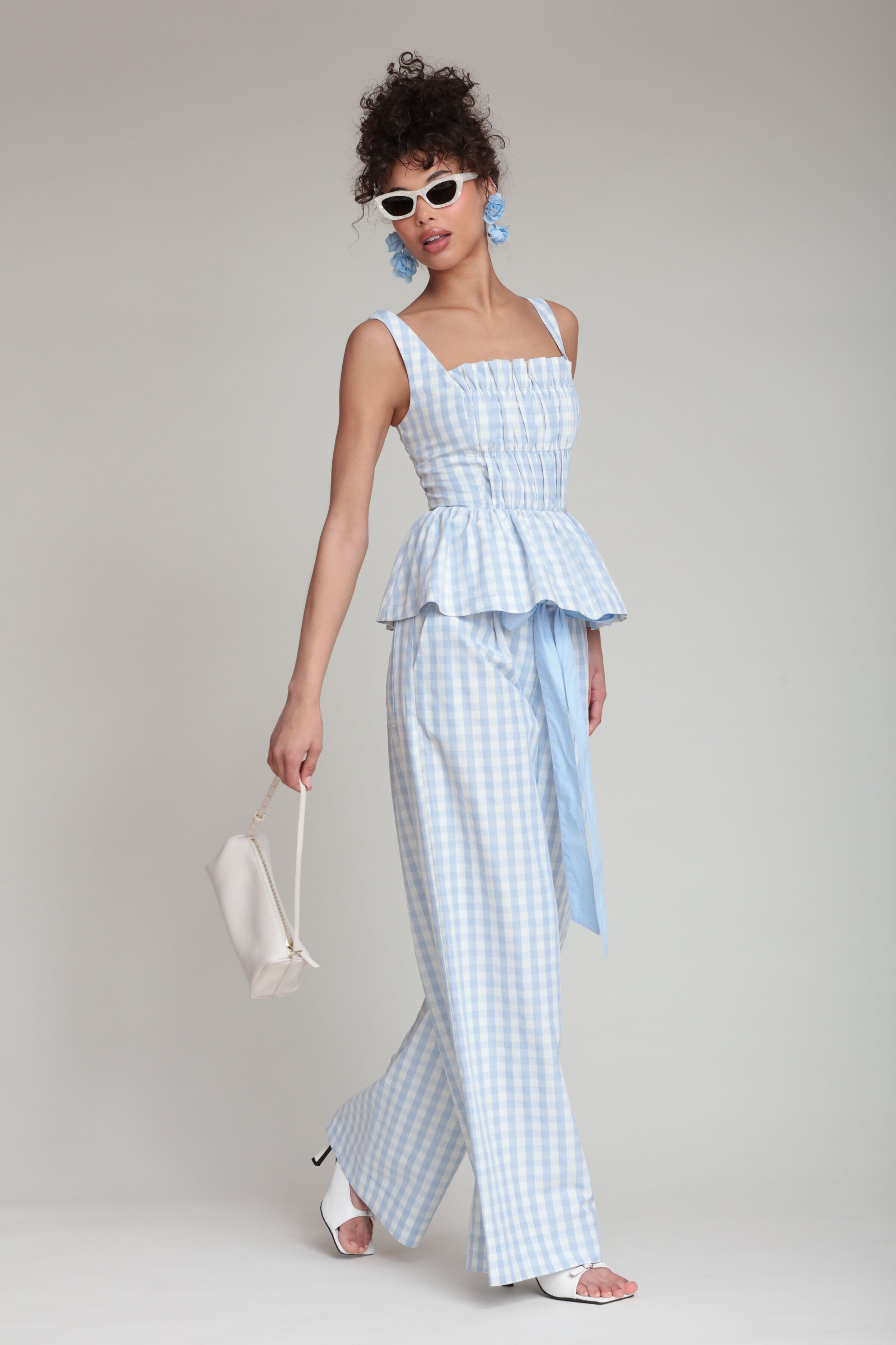Gingham light blue wide leg pant with a belt and peplum top - Shop women's high waisted wide leg pants by Avec Les Filles