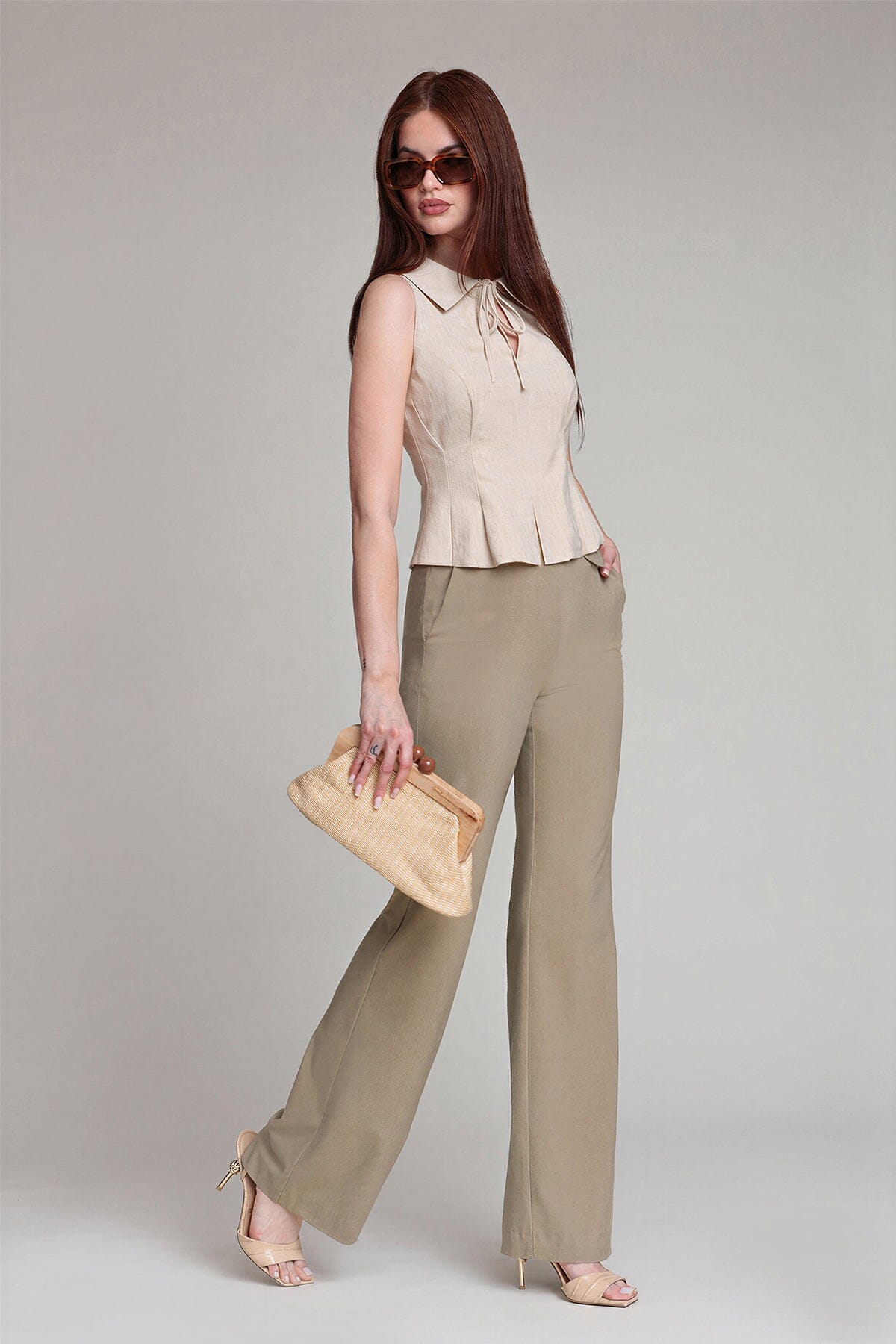 Linen Blend Tie Collared Peplum Top Shirts & Tops Avec Les Filles 