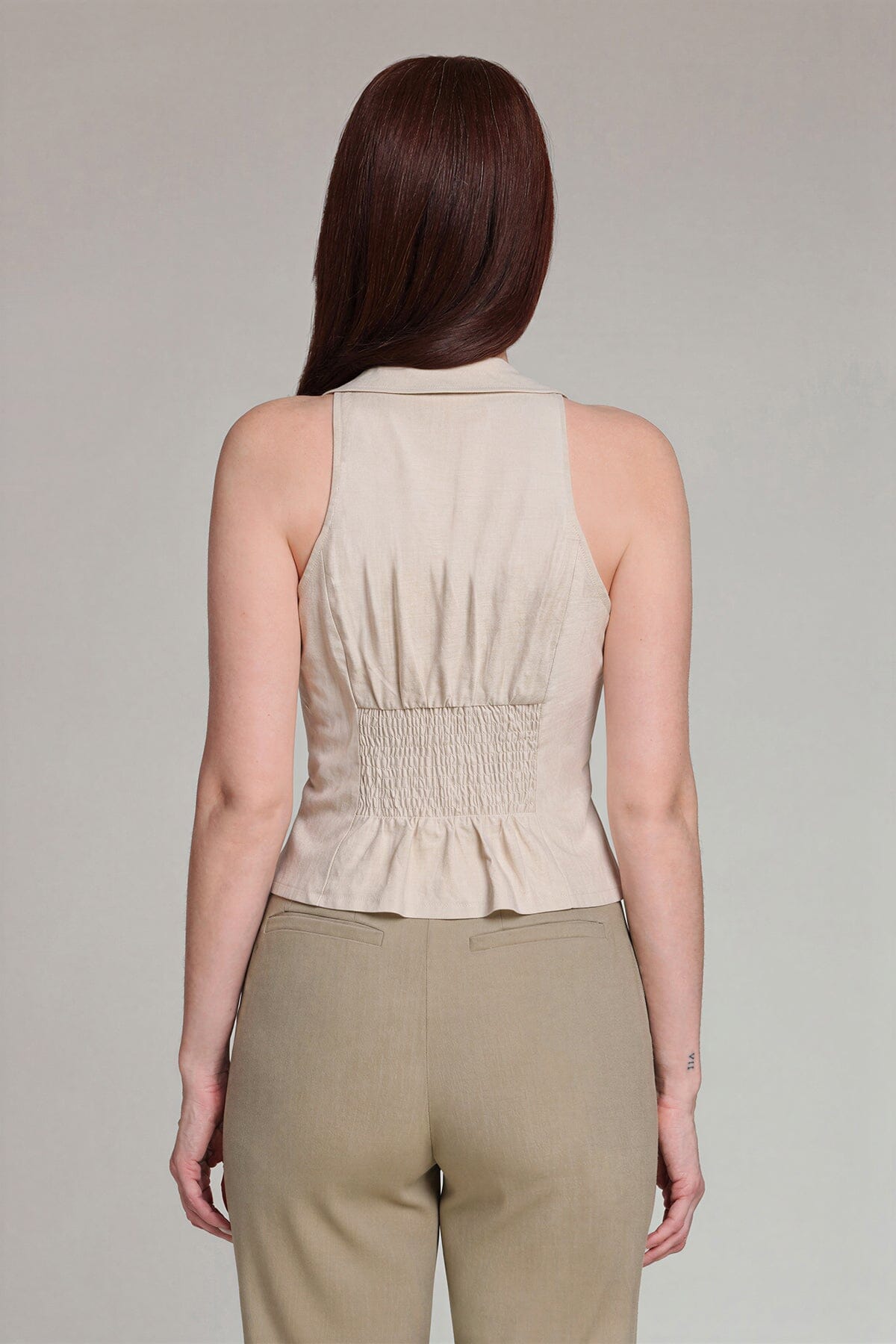 Linen Blend Tie Collared Peplum Top Shirts & Tops Avec Les Filles 