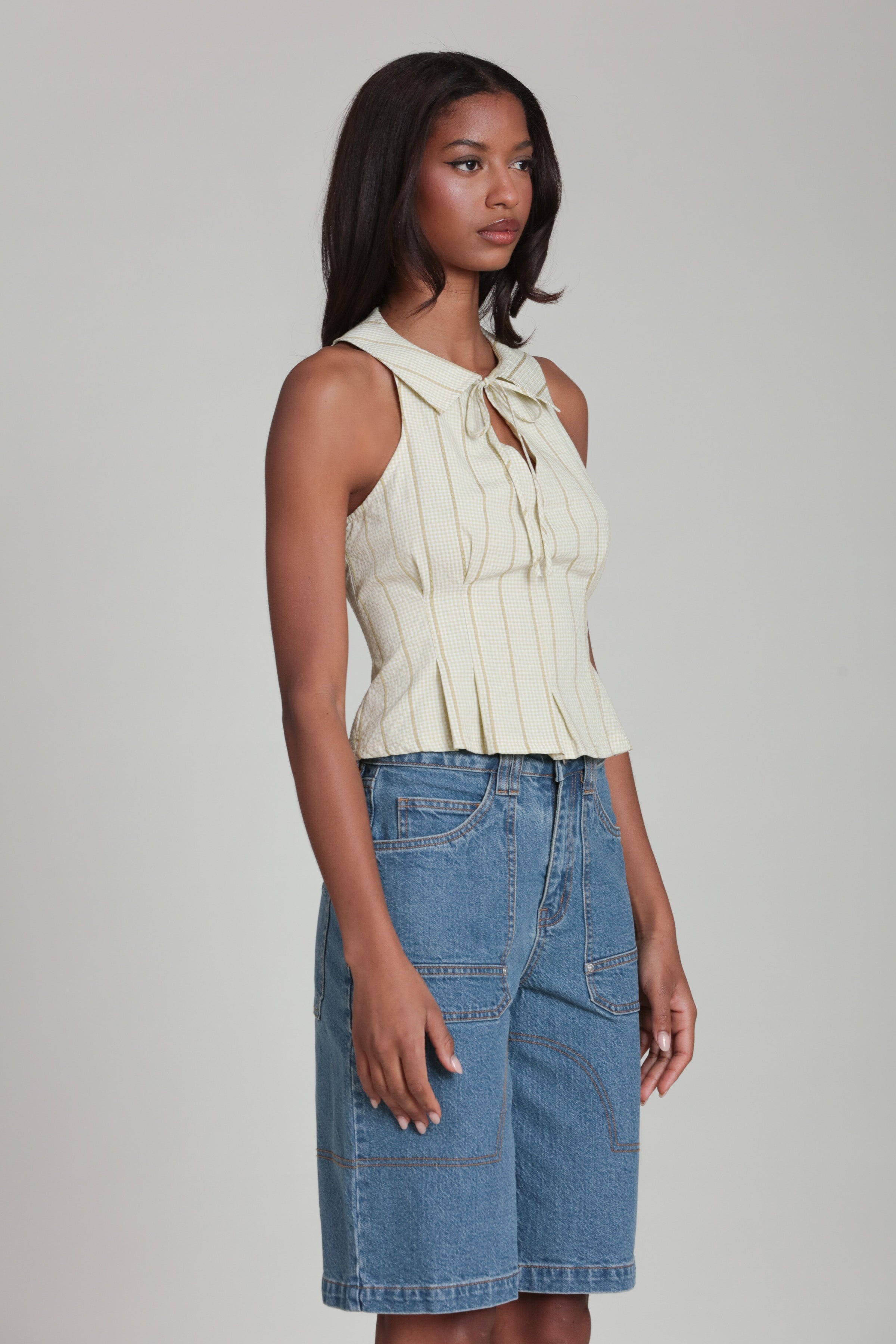 Cream striped tie front collared sleeveless gingham top with denim bermuda shorts - Shop women's tops by Avec Les Filles