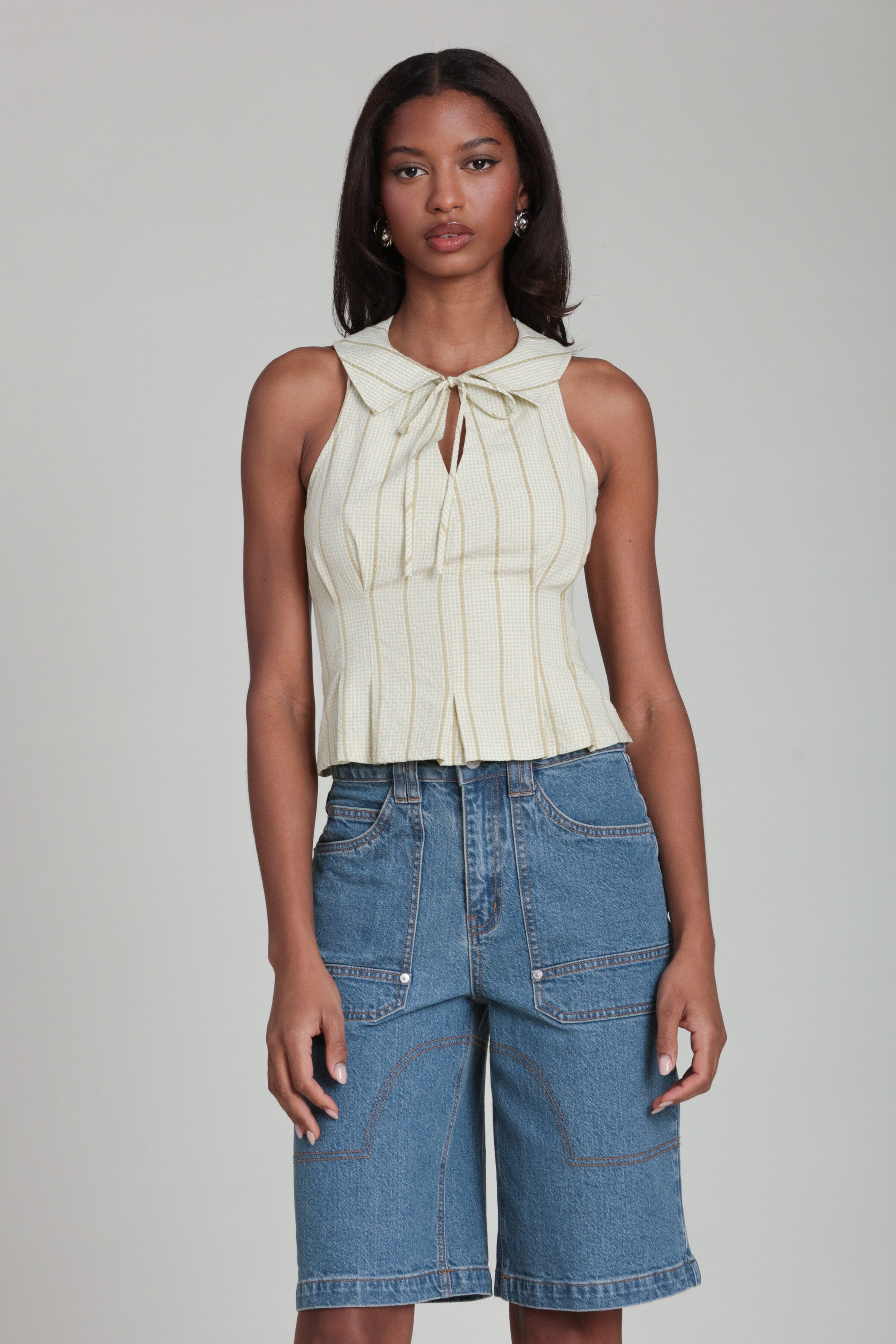 Cream striped tie front collared sleeveless gingham top with long denim shorts - Shop women's tops by Avec Les Filles