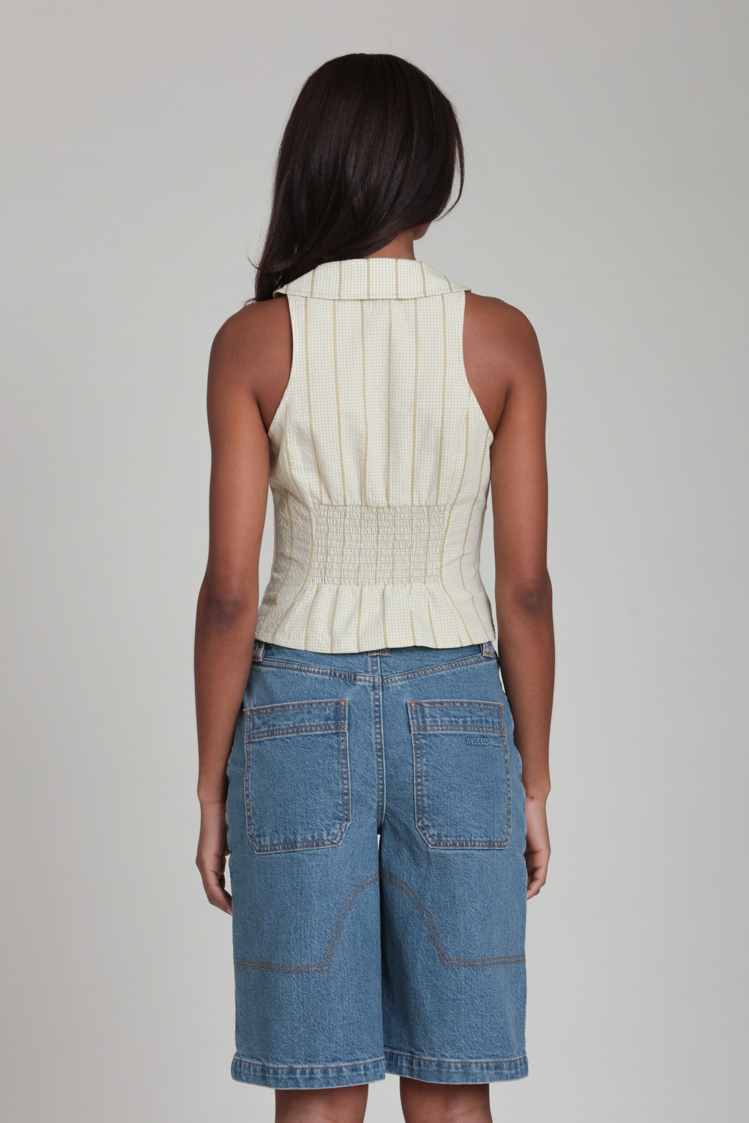 Cream striped collared sleeveless gingham top womens with denim bermuda shorts - Shop tops by Avec Les Filles