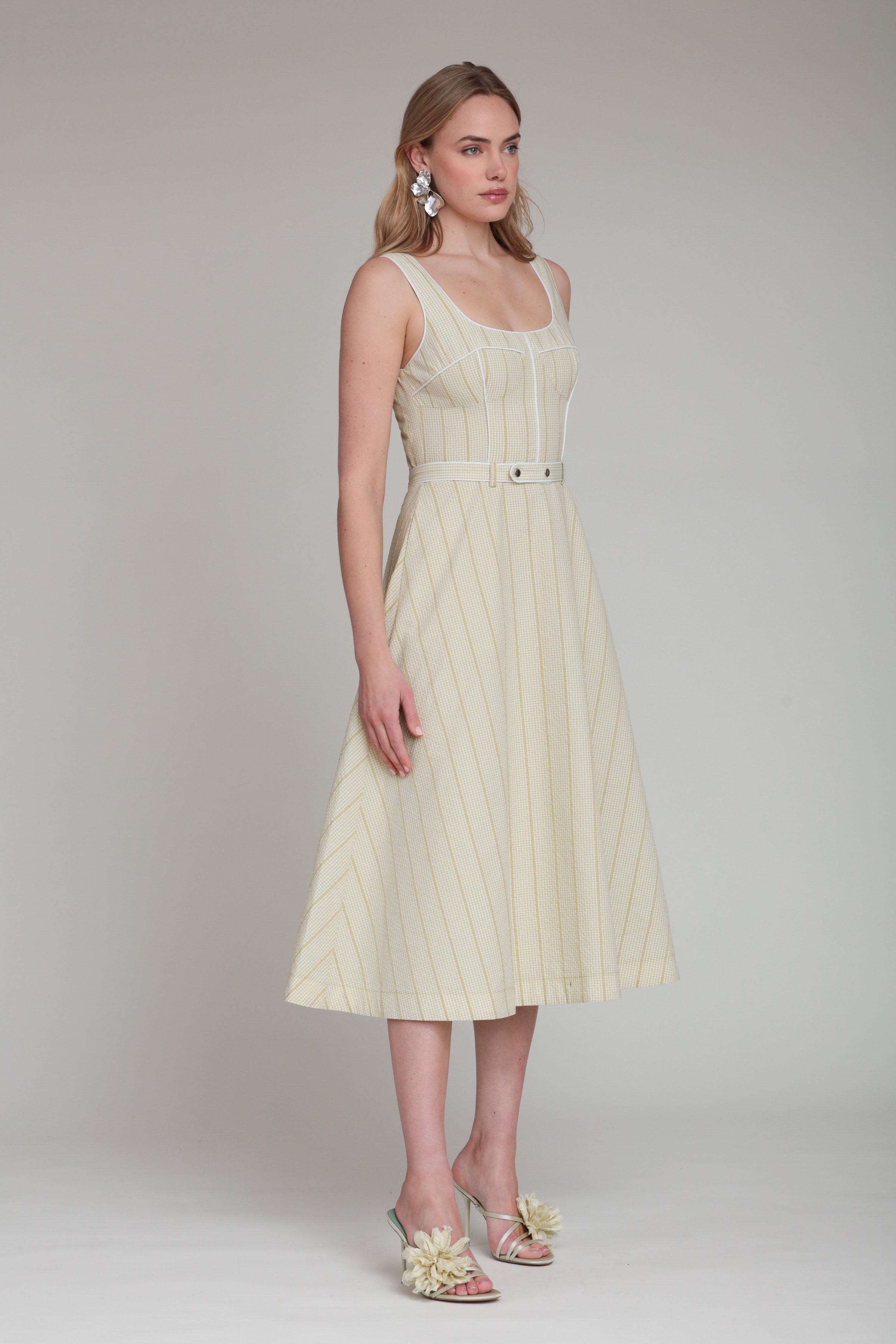 Striped green gingham bustier midi dress with wide straps and square neck - Shop women's midi dresses by Avec Les Filles