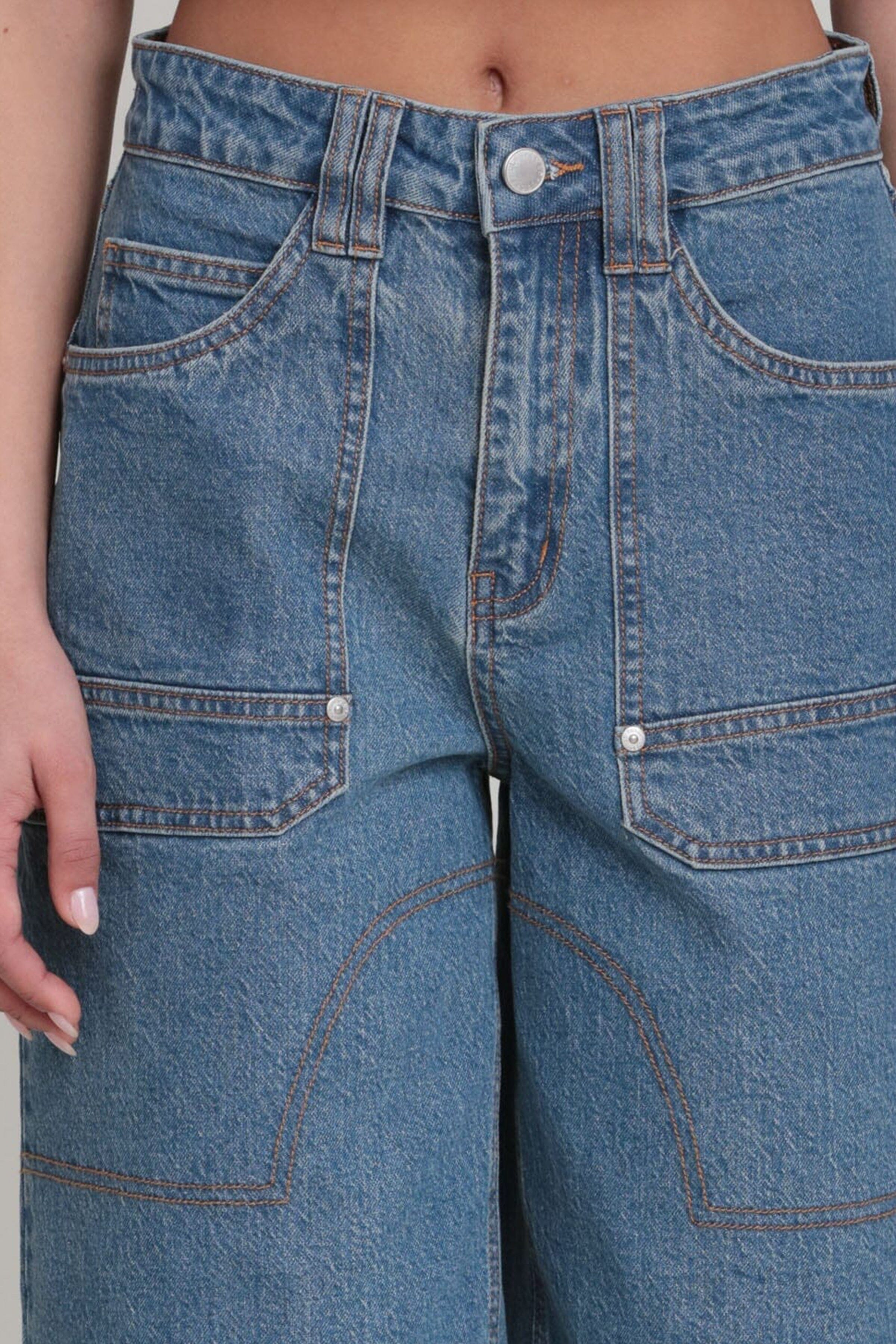 Blue wide-leg denim cargo shorts with a high-rise waist - Shop designer women's denim bermuda shorts by Avec Les Filles