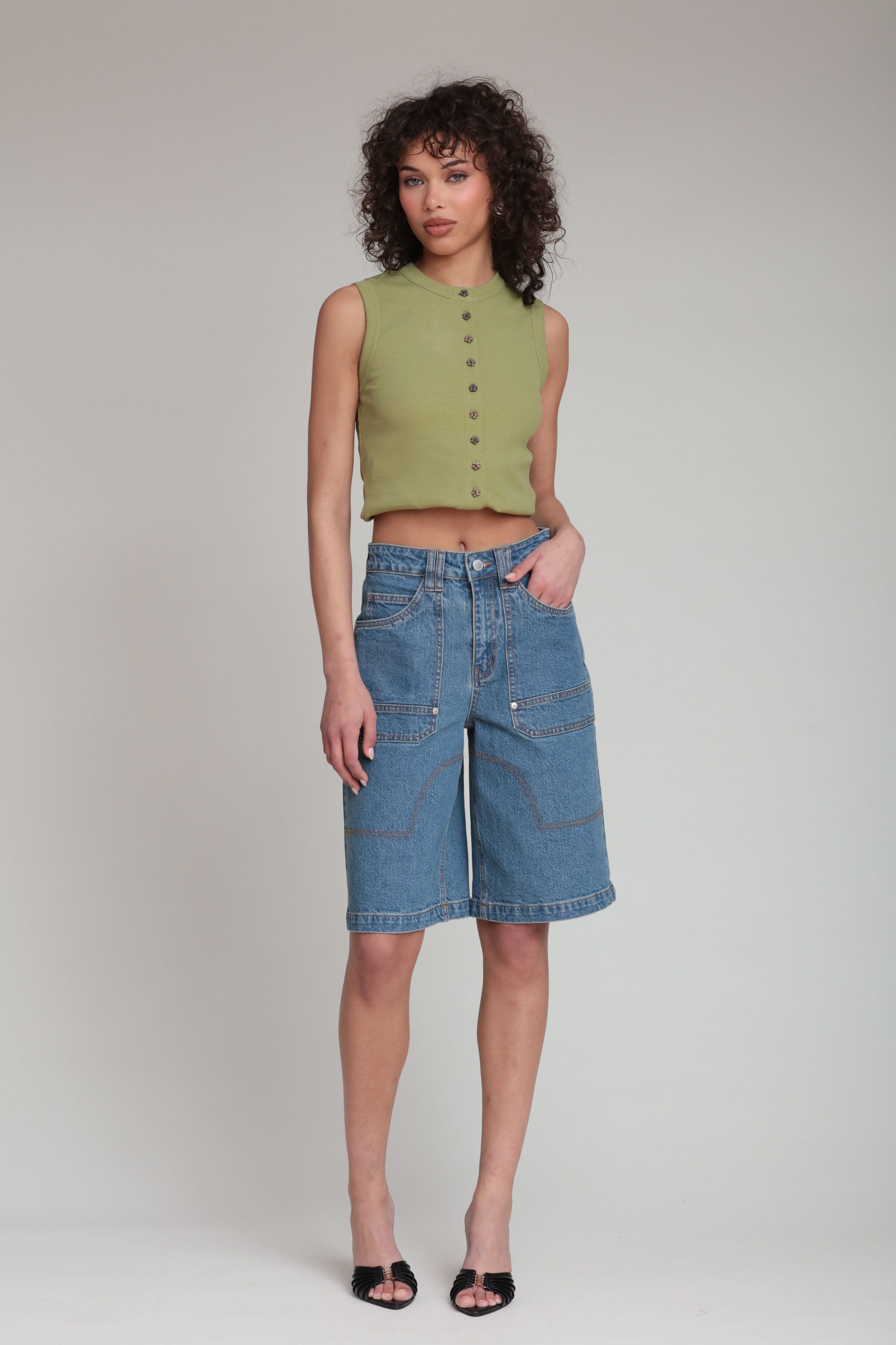 blue wide-leg denim cargo shorts with a high-rise waist - Shop women's cute denim bermuda shorts by Avec Les Filles