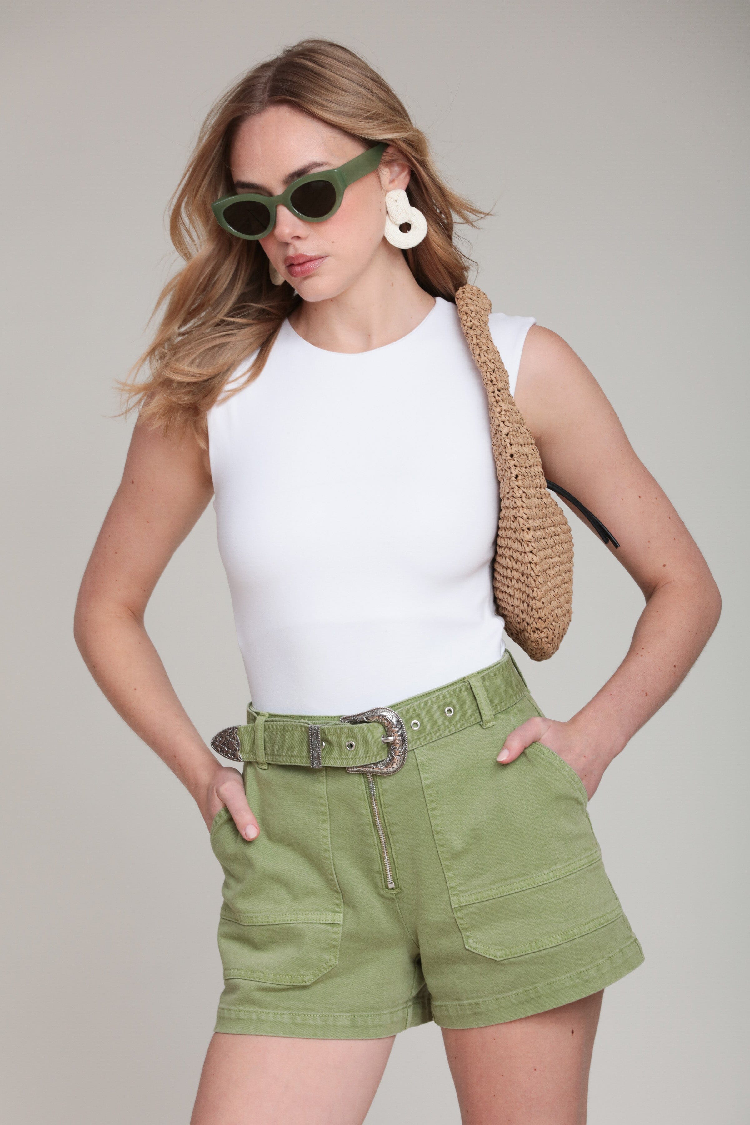 Cotton stretch green denim shorts with a removable belt - Shop designer women's cute green shorts by Avec Les Filles
