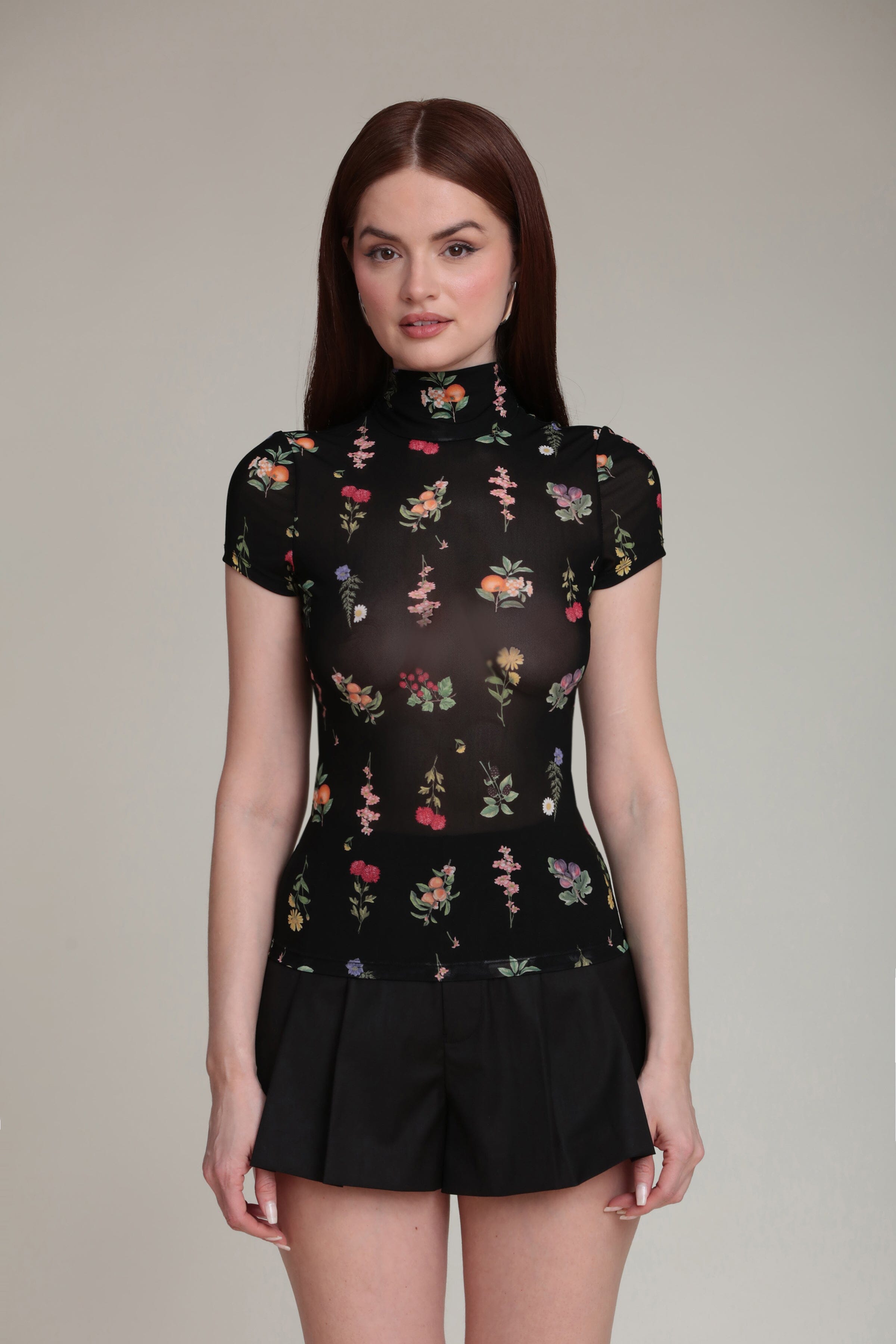 Mesh black mock neck top with short sleeves - Shop designer cute floral tops for women by Avec Les Filles
