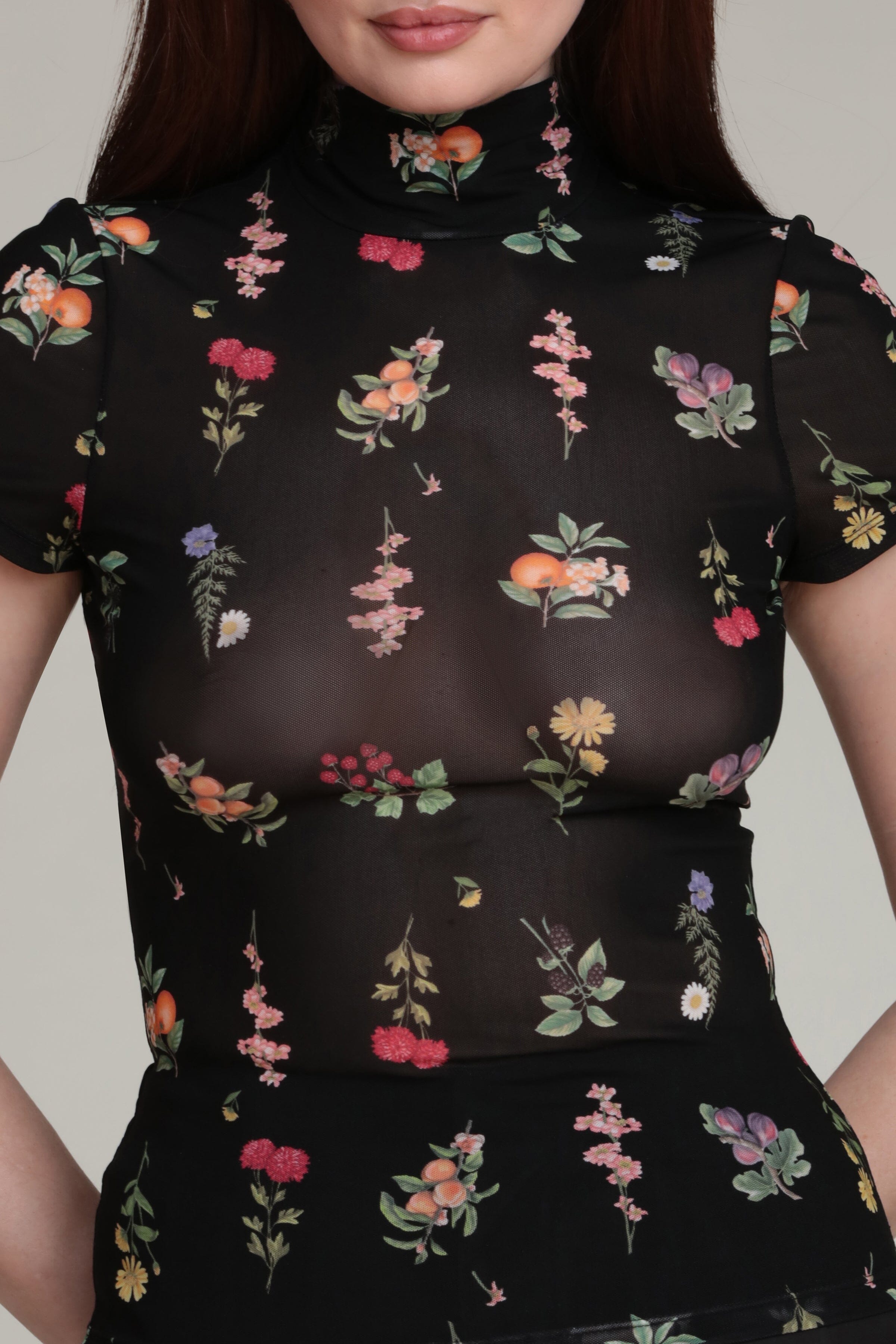 Mesh black floral top with short sleeves - Shop designer womens cute floral tops by Avec Les Filles