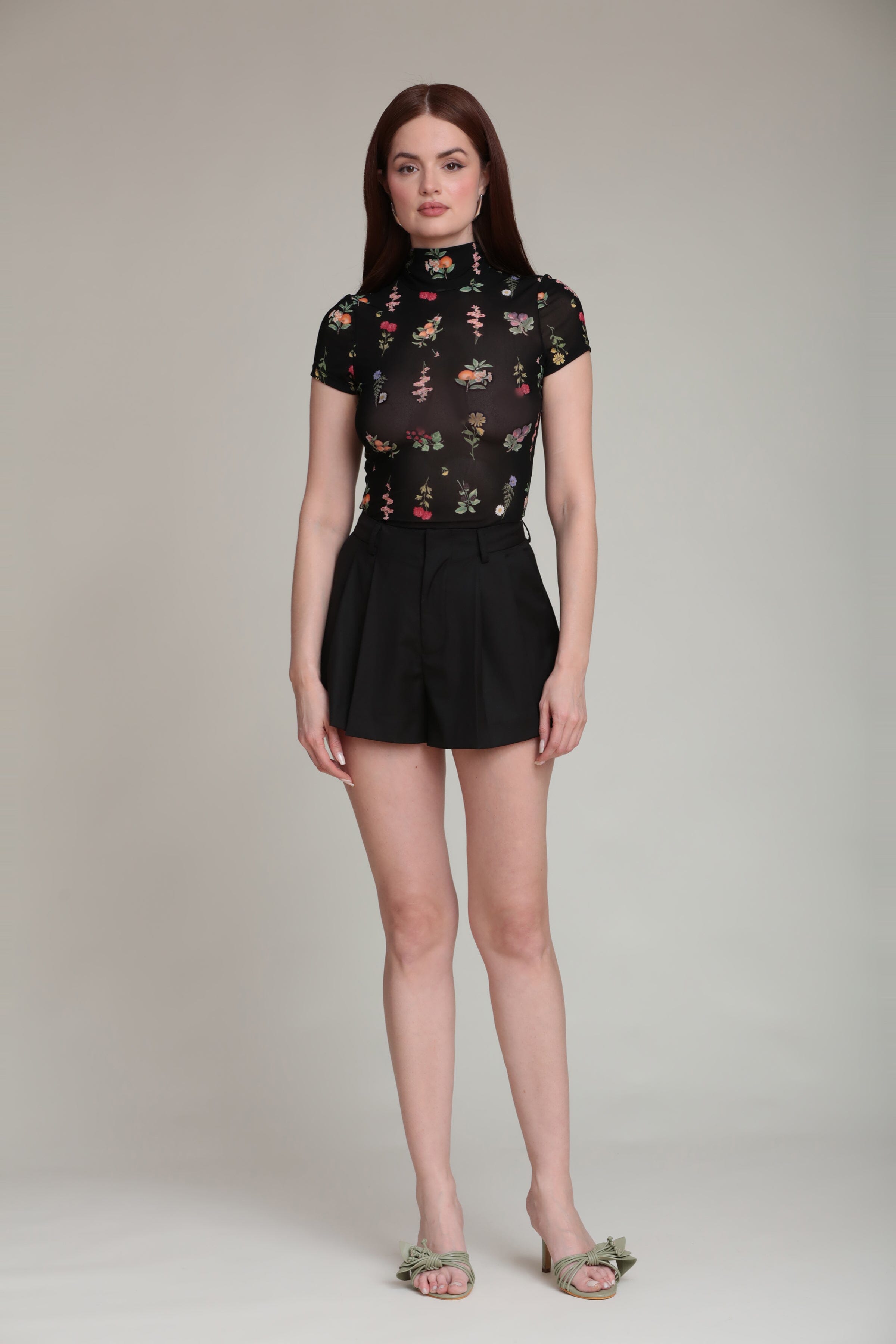 Mesh Mock Neck Black Floral Top