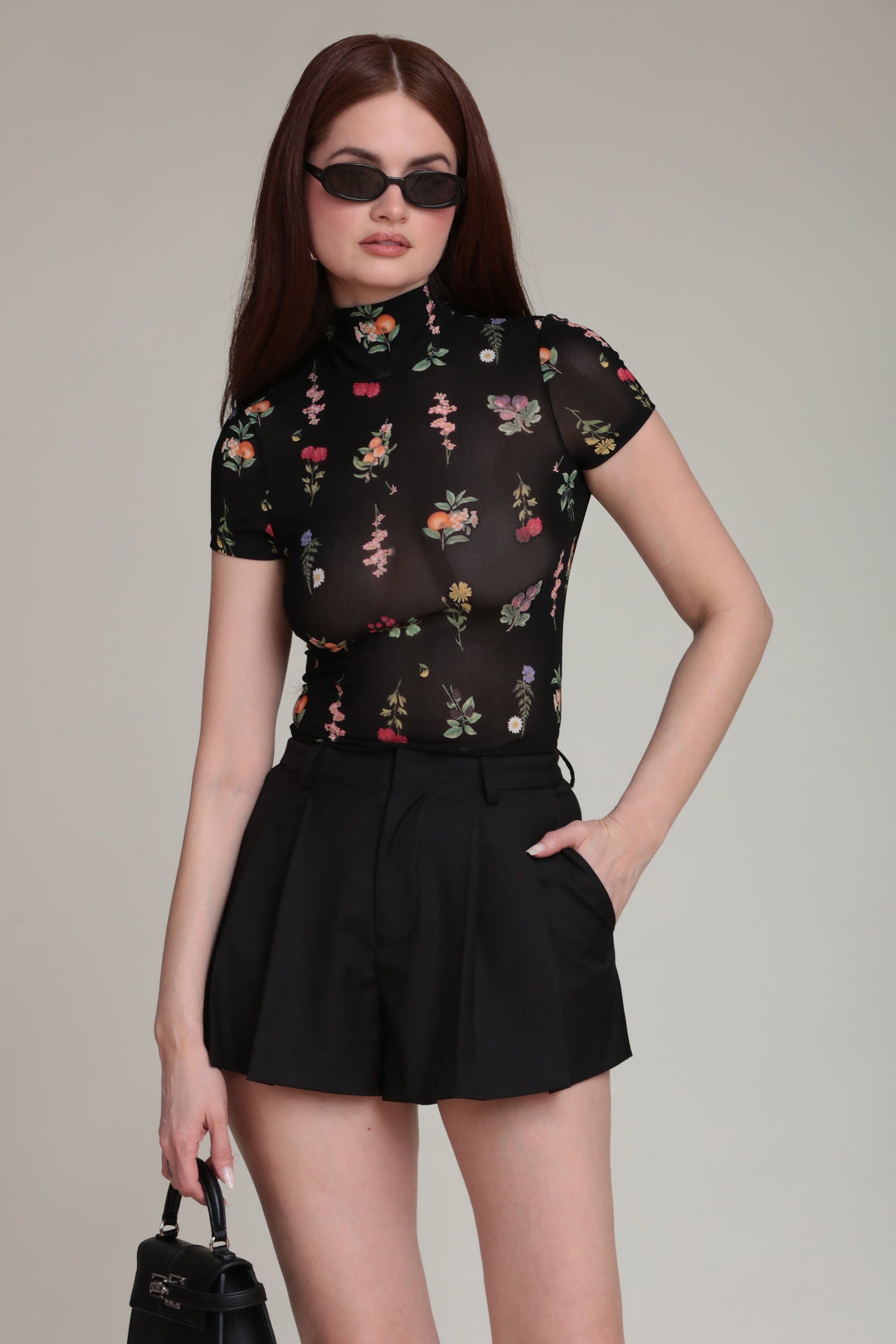Mesh mock neck black floral top with short sleeves - Shop designer cute floral tops for women by Avec Les Filles