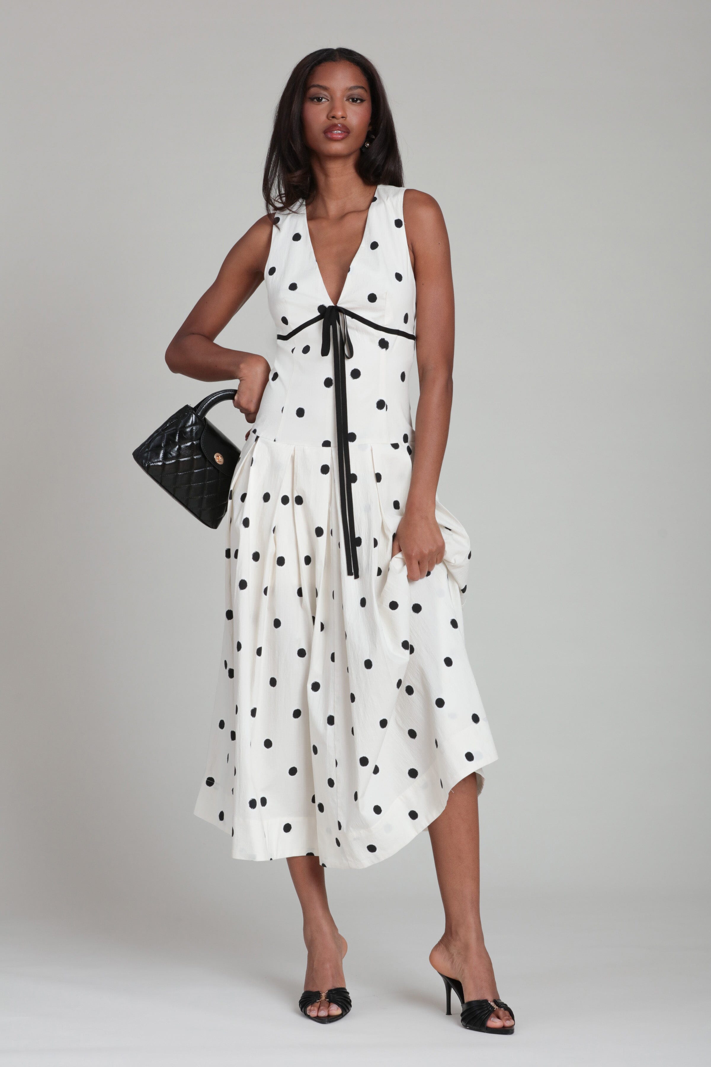 Stretch Cotton Sleeveless Polka Dot Midi Dress Stretch Cotton Sleeveless Polka Dot Midi Dress