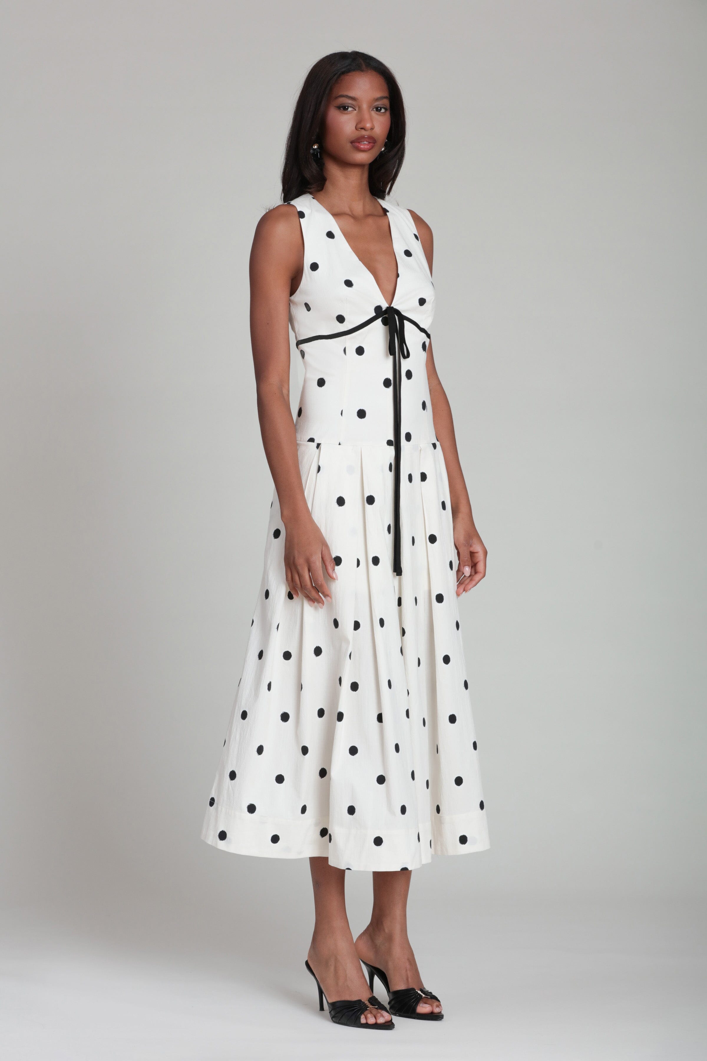 white christmas dresses Stretch Cotton Sleeveless Polka Dot Midi Dress