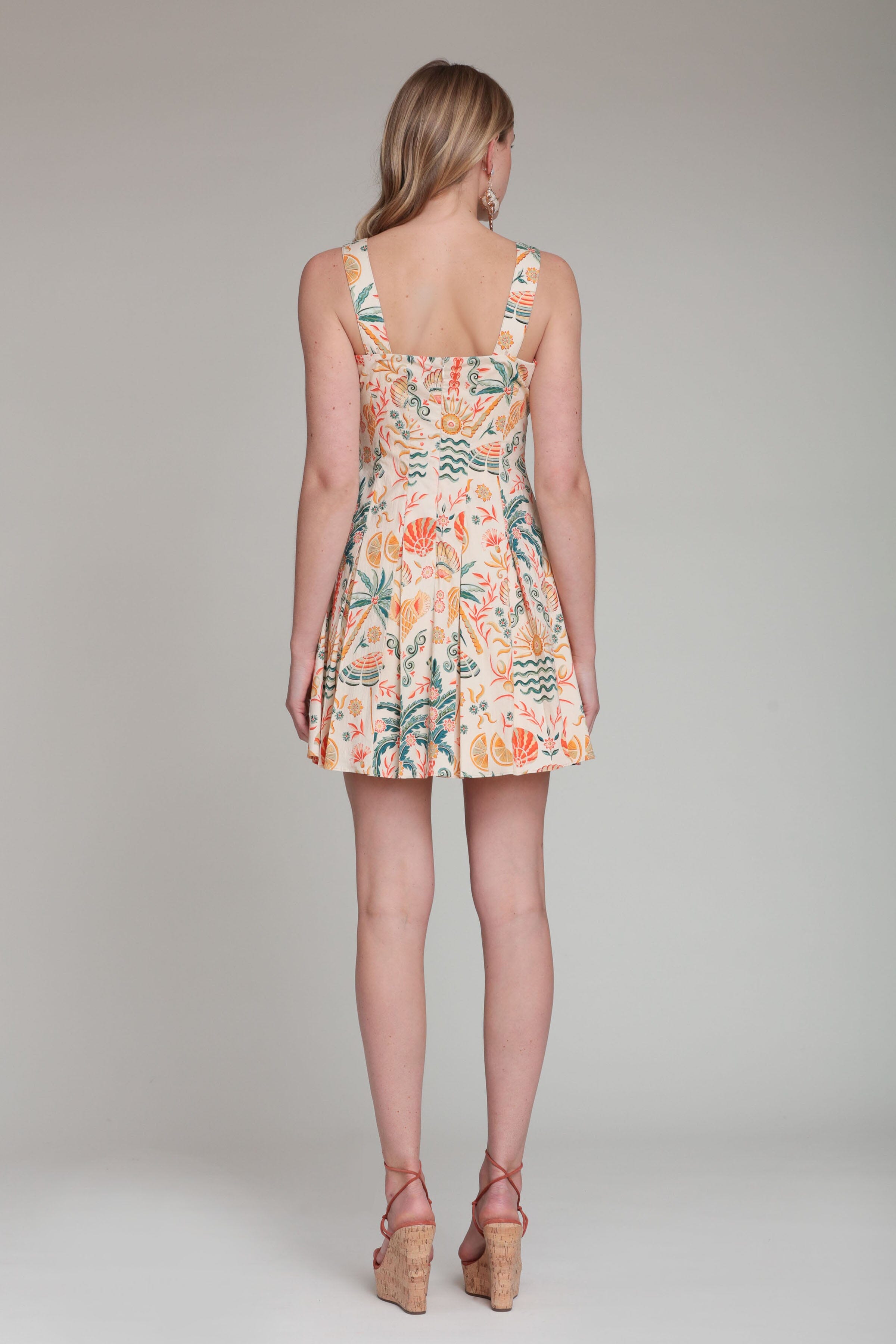 Tropical Print Stretch Cotton Pleated Mini Dress Tropical Print Stretch Cotton Pleated Mini Dress
