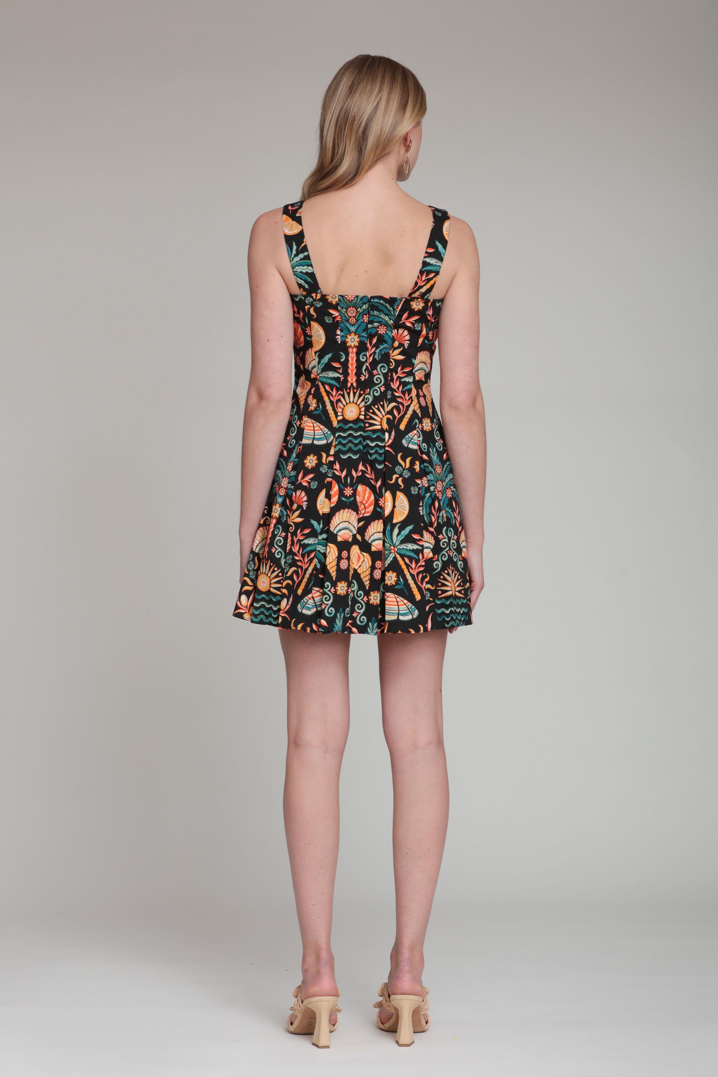 Printed stretch cotton black mini dress pleated with wide straps - Shop women's cute mini dresses by Avec Les Filles