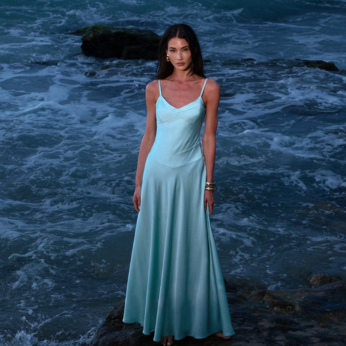 Avec Les Filles Women's V-Neck Laced-Up Bias Cut Gown Dress - Aqua