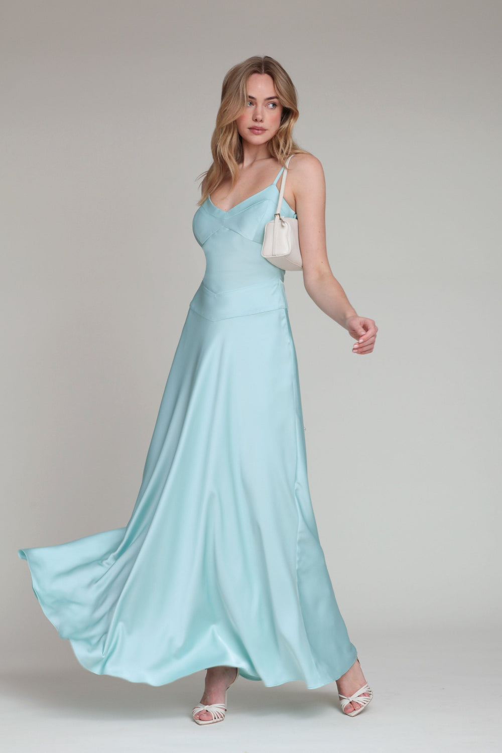Aqua Blue Bias Cut Satin Maxi Dress