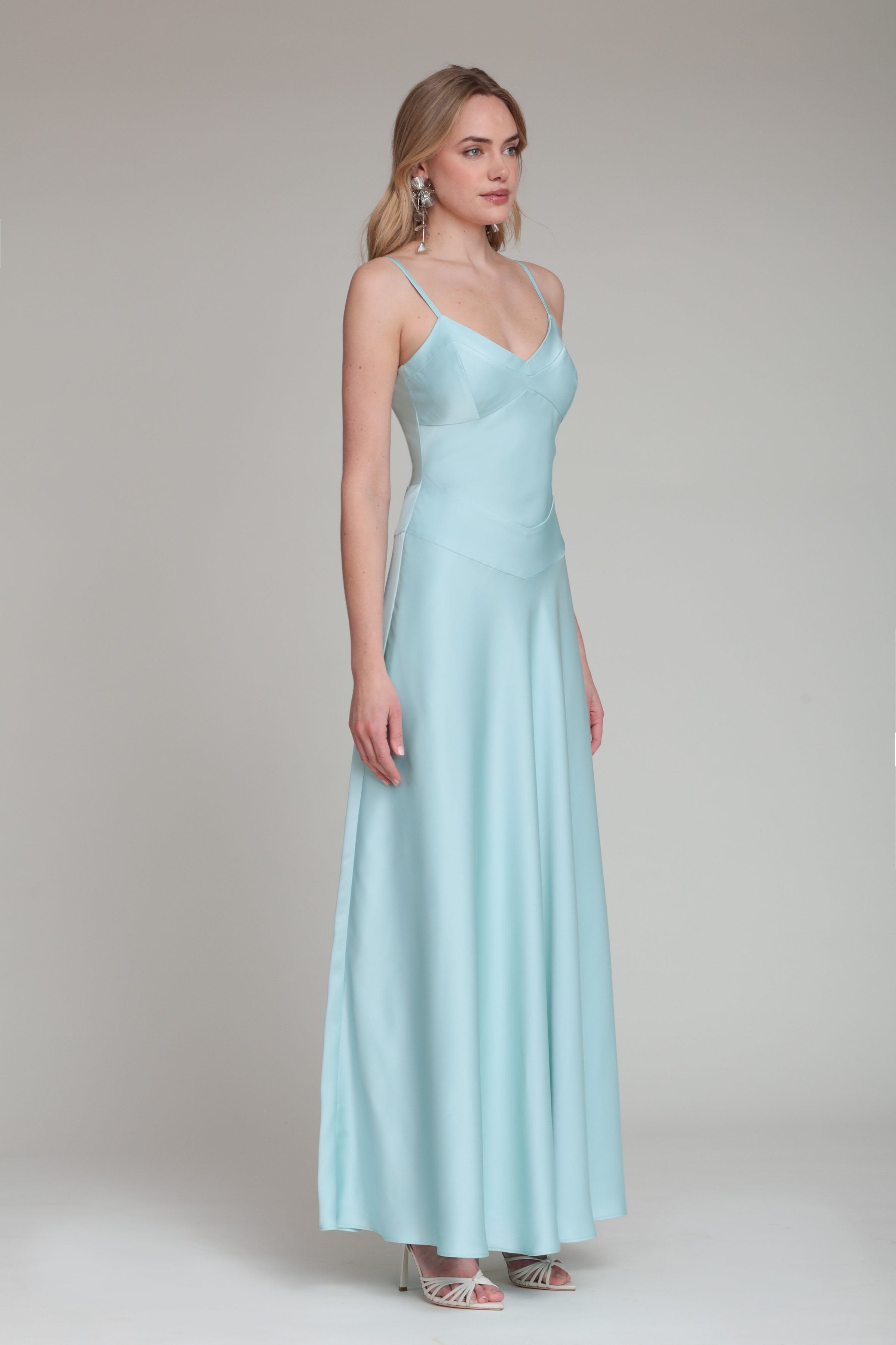Aqua Blue Bias Cut Satin Maxi Dress