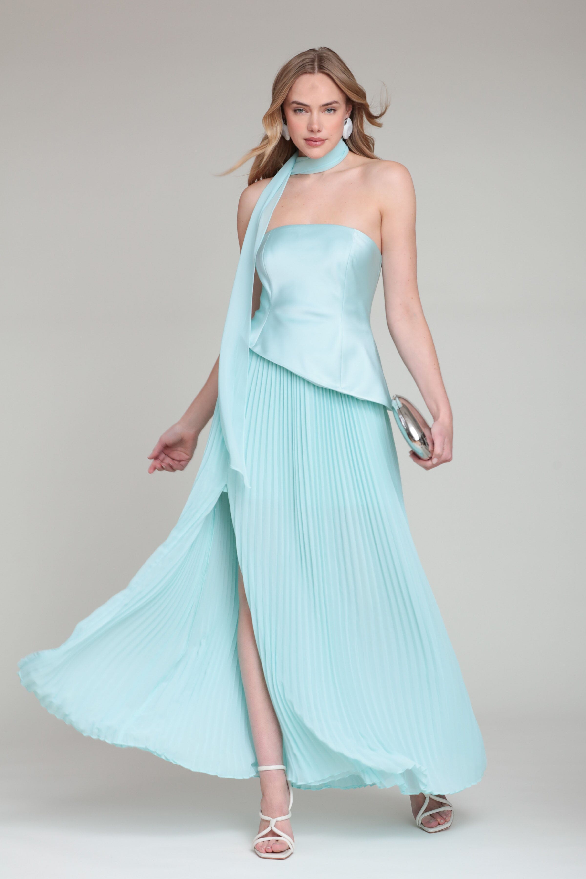 Blue strapless flowy maxi dress with detached scarf and pleated chiffon skirt by Avec Les Filles