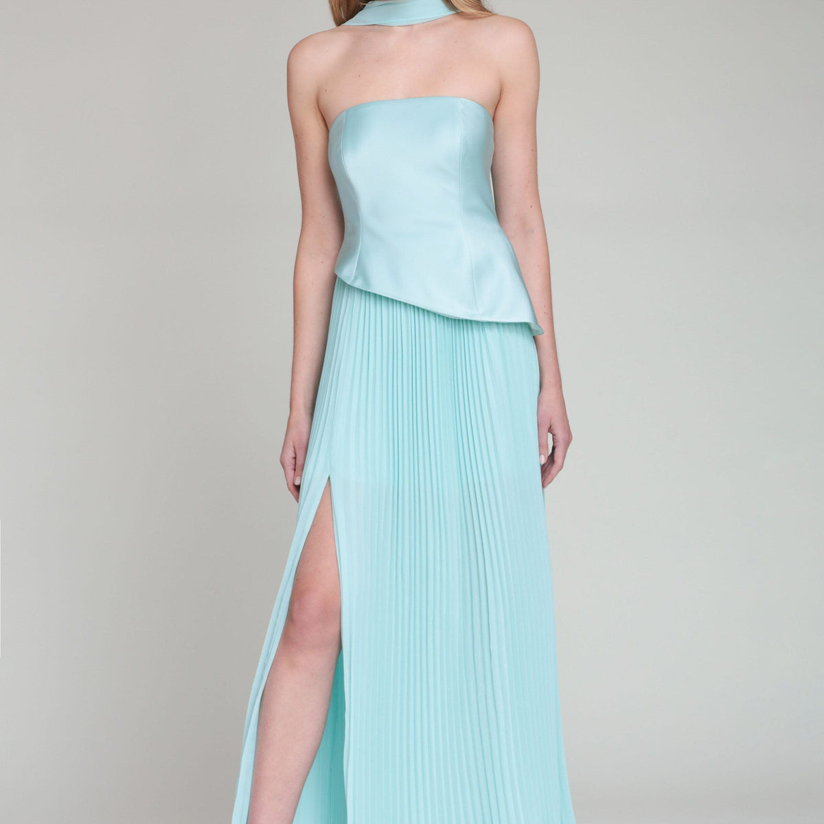 strapless flowy maxi dress formal Aureia Elegant Satin Strapless Maxi Dress With 3D Applique,Ruched High Split And Flowy Back,Formal Gown For Evening Party,Wedding Guest Events
