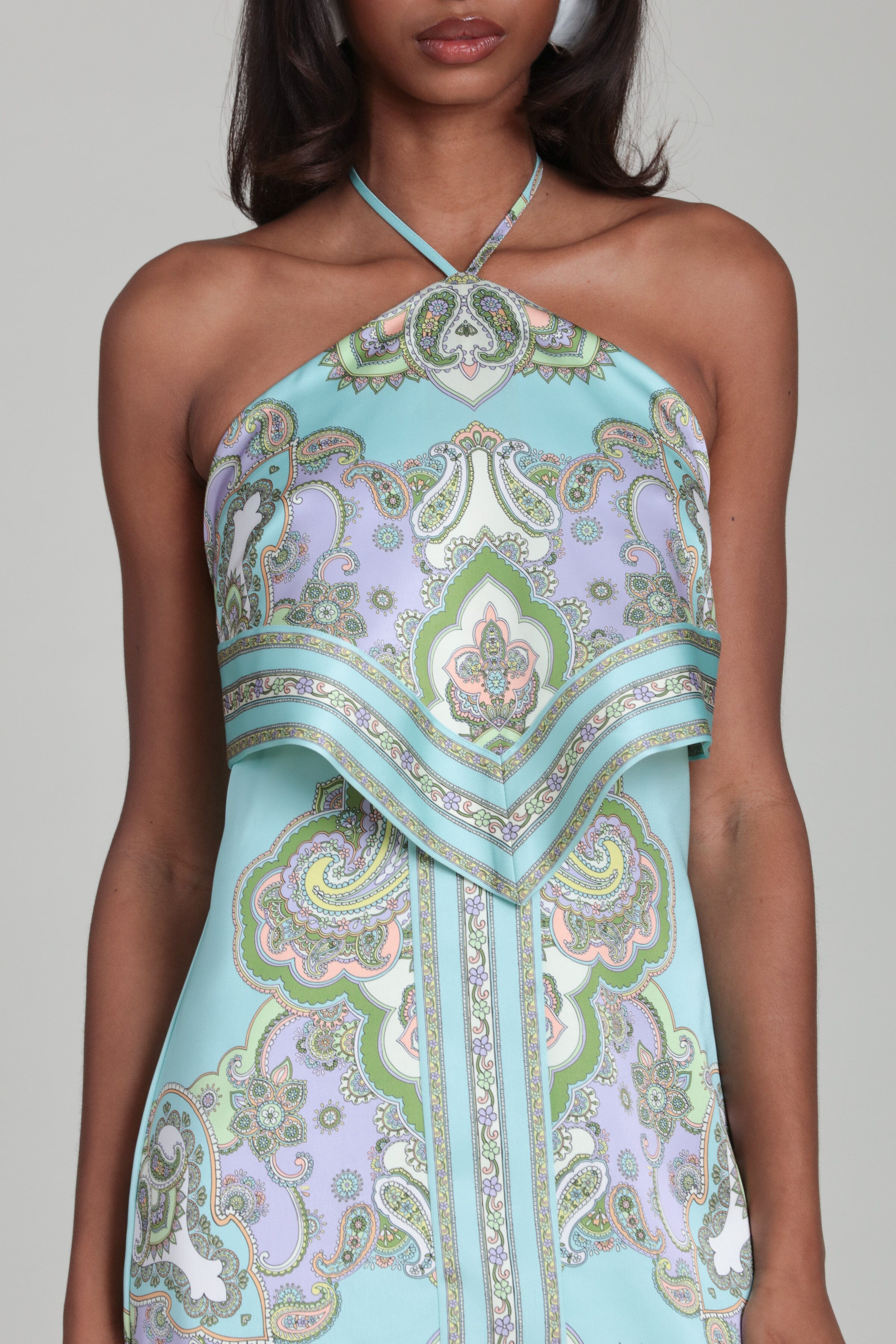 Aqua paisley satin tiered halter neck mini dress - Shop designer women's cute satin mini dresses by Avec Les Filles