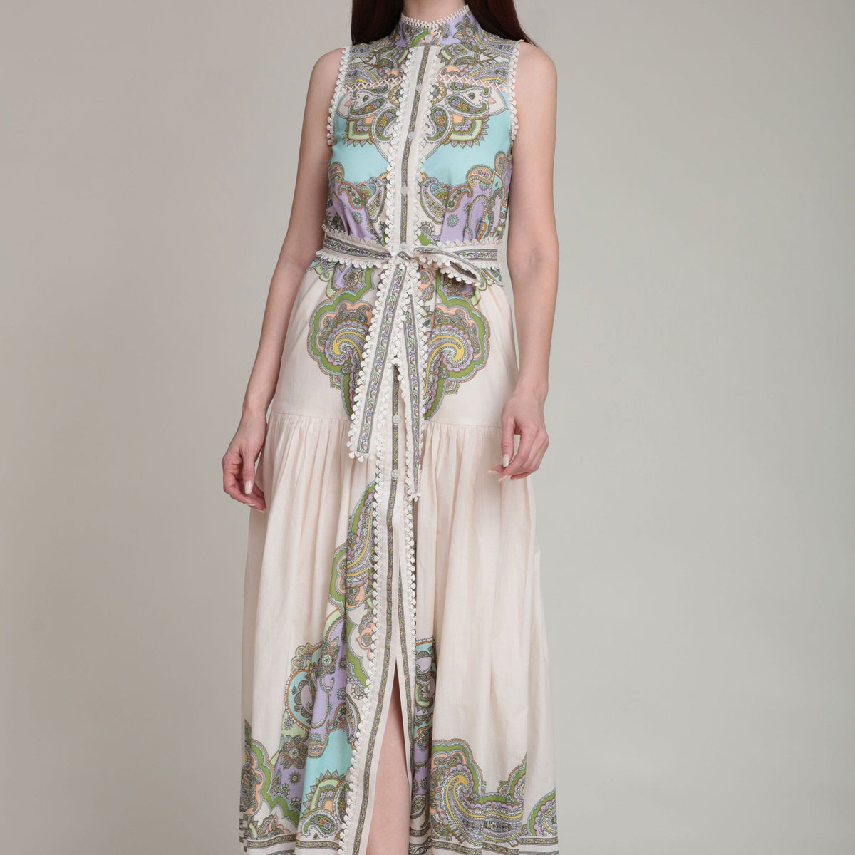 Paisley Cotton Sleeveless High Neck Maxi Dress