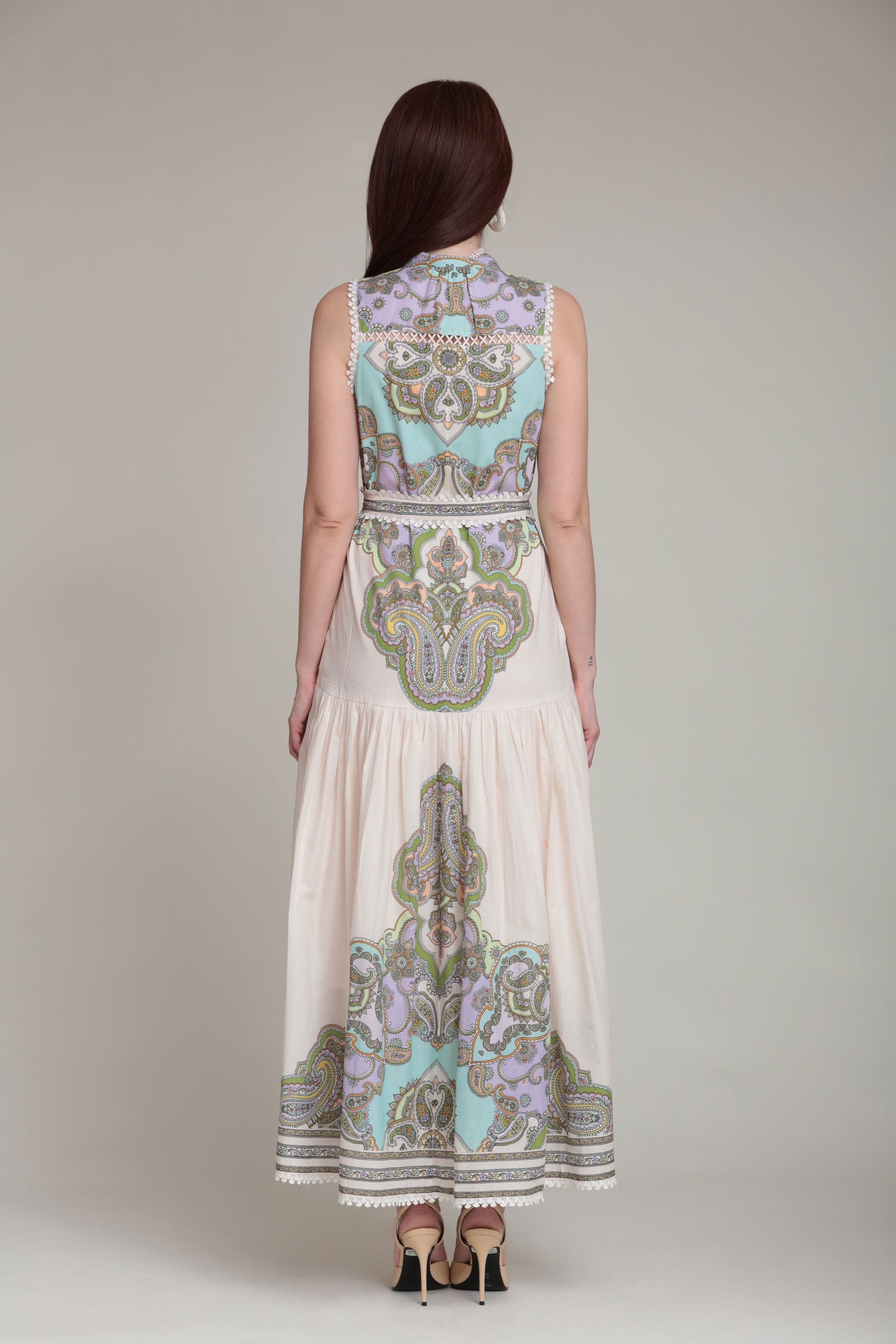 Paisley Cotton Sleeveless High Neck Maxi Dress