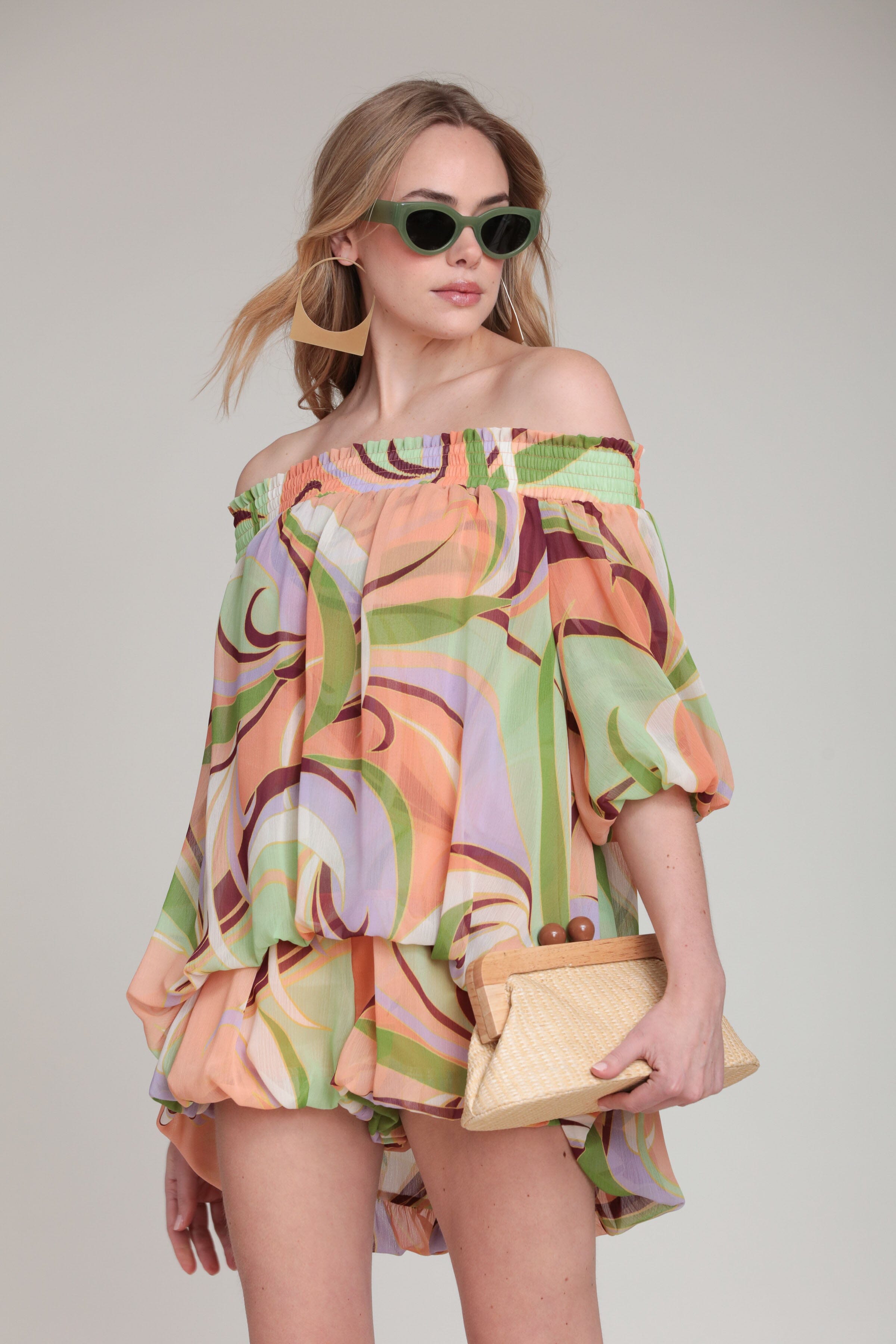 Multicolor printed chiffon off shoulder womens romper dress - Shop cute romper dresses by Avec Les Filles