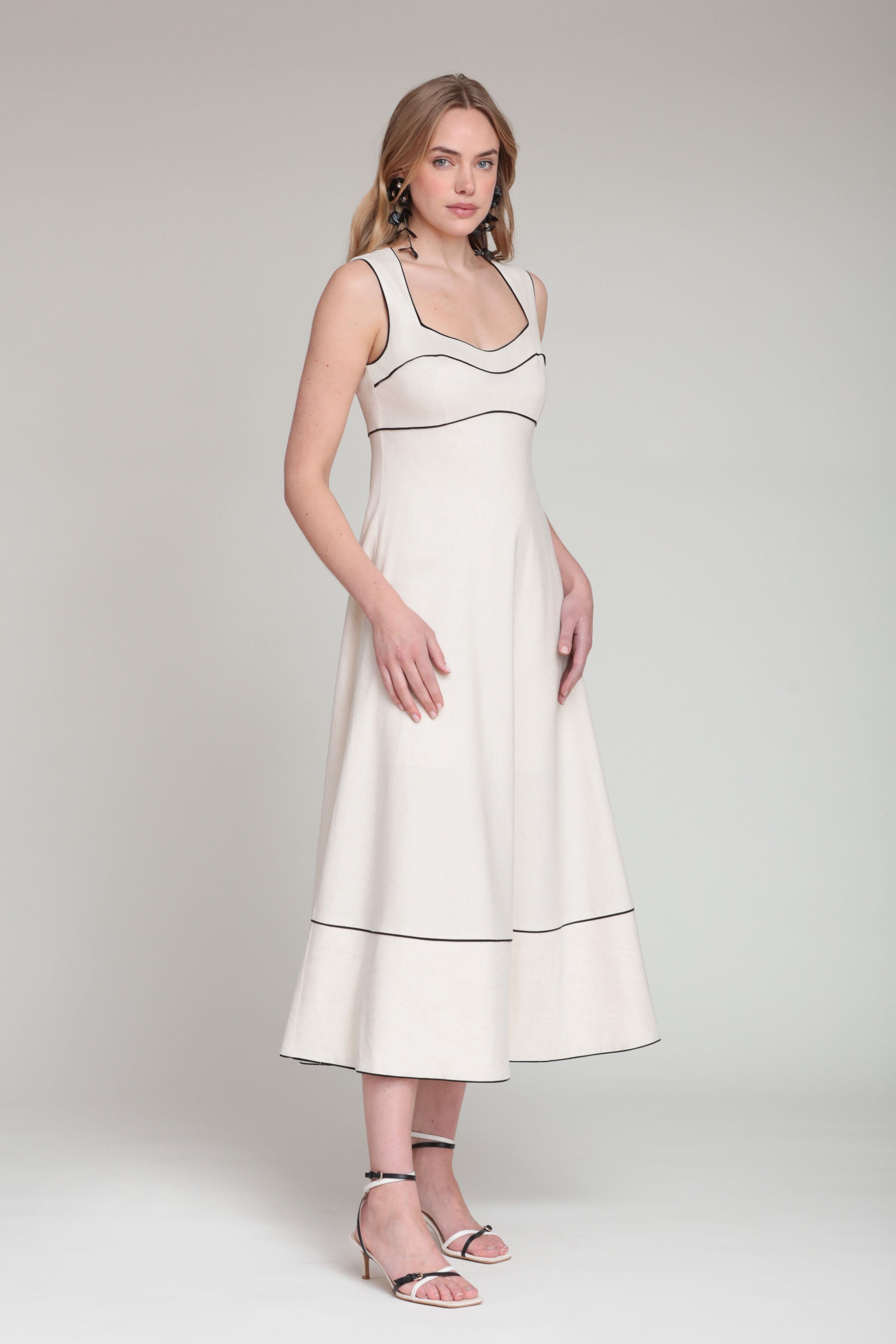 Square Neck Sleeveless Cream Midi Dress