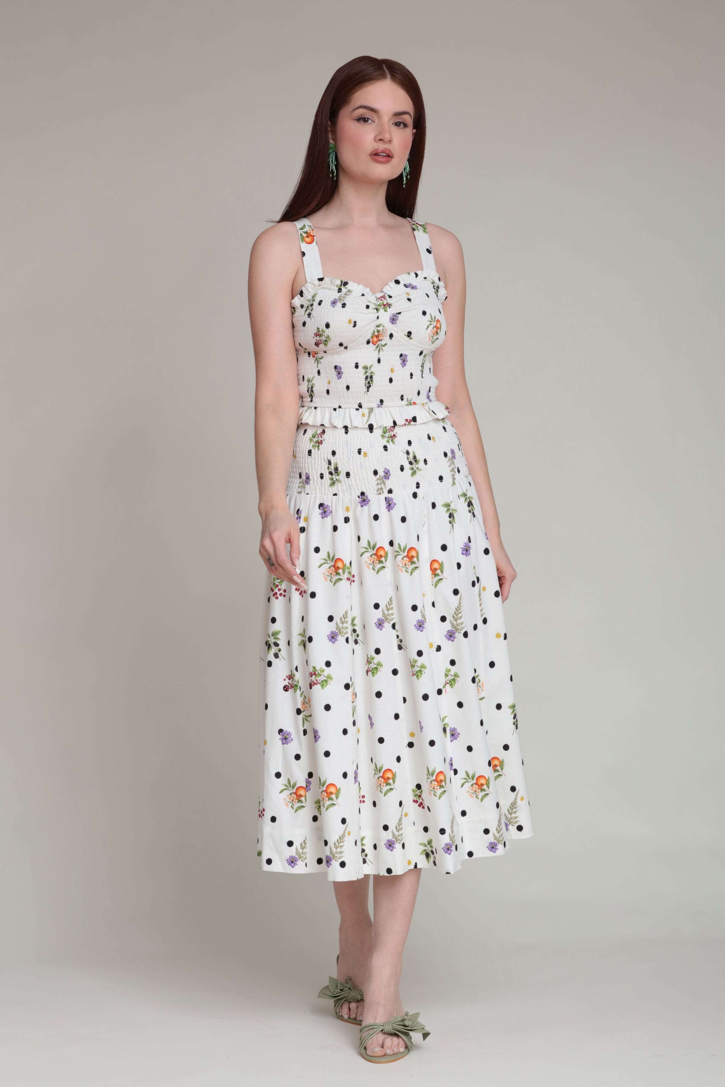 White polka dot floral midi skirt with floral tank top - Shop women's cute midi skirts and crop tops by Avec Les Filles