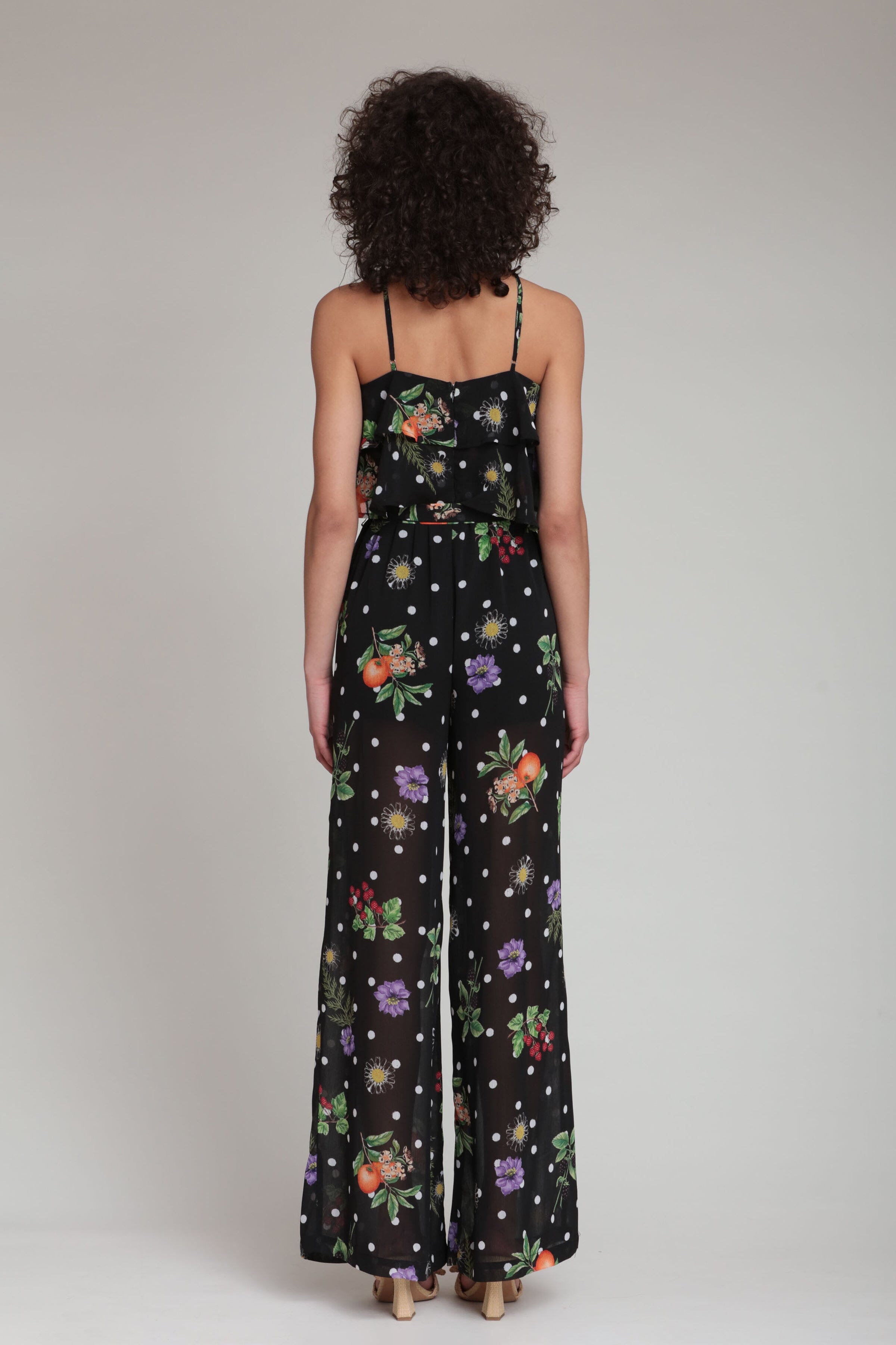 Polka dot chiffon black floral jumpsuit with  adjustable spaghetti straps - Shop women's cute jumpsuits by Avec Les Filles