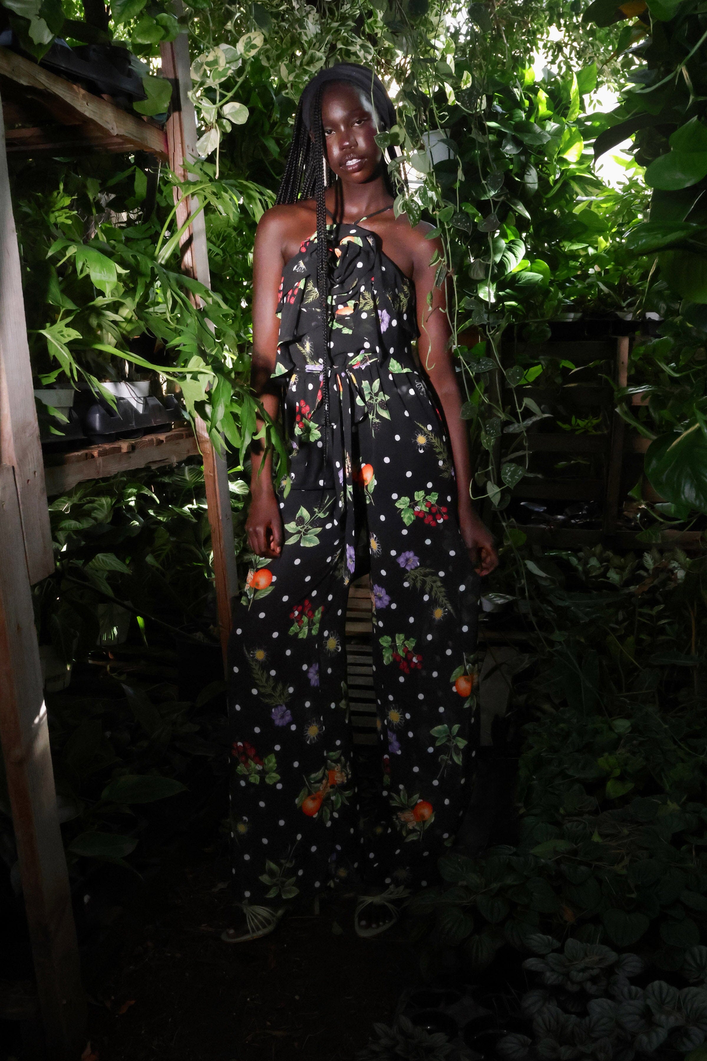 Polka dot chiffon black floral jumpsuit with  waist belt and adjustable straps - Shop women's cute jumpsuits by Avec Les Filles