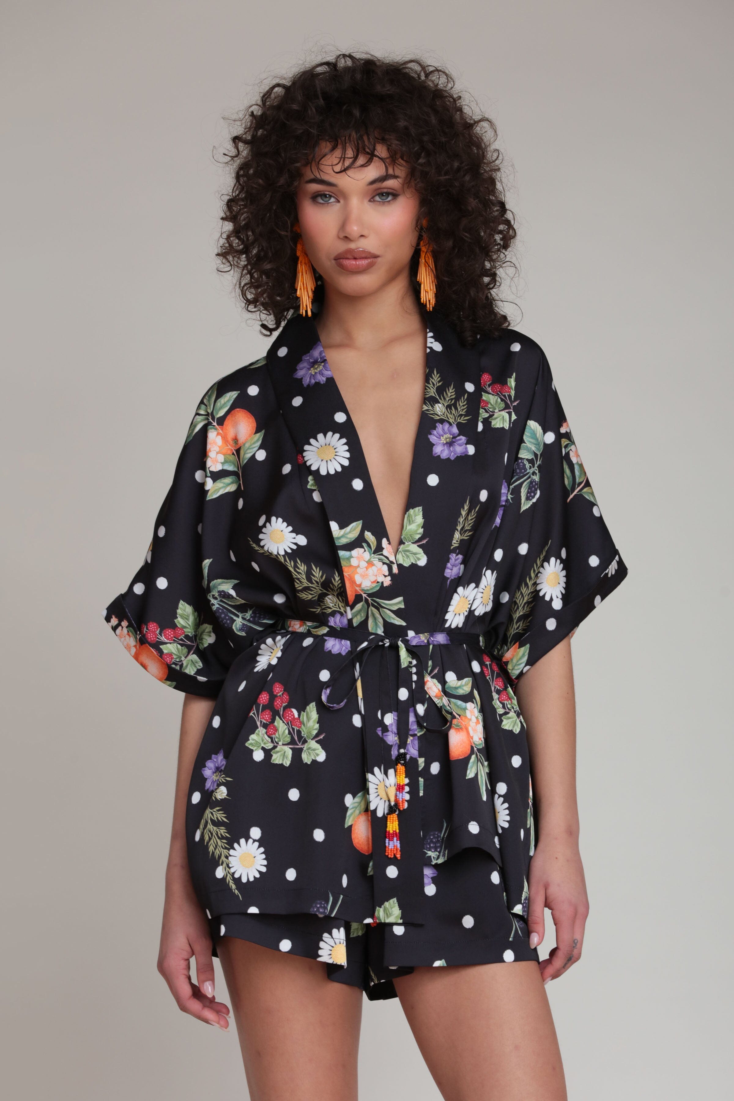 Floral Polka Dot Satin Black Kimono Top